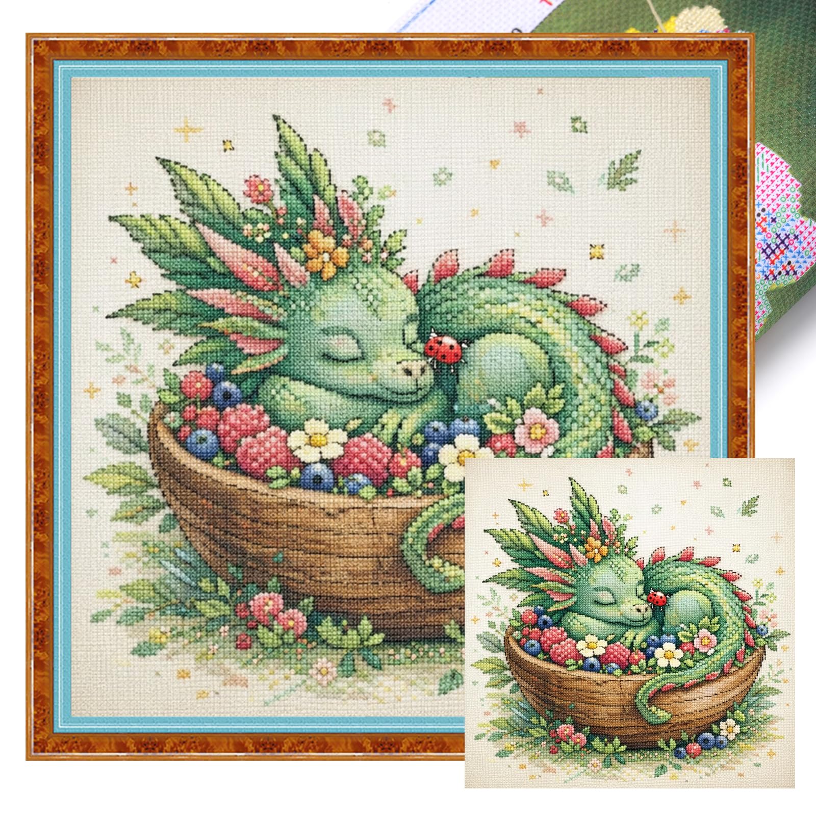 Fruit Green Dragon Full 14CT 2 Strands DIY Stamped Cross Stitch Kits for Beginners Adults Home Wall Decor Cross Stitch Art and Crafts Kits 40x40cm