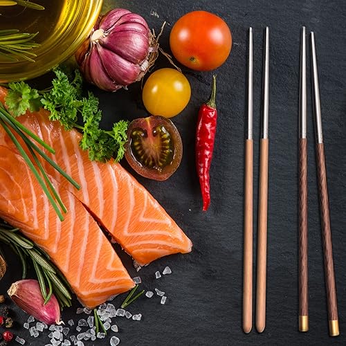 Miniatura 5 de AKONEGE 5 Pares de Palillos Reutilizables de Madera con Unión de Acero Inoxidable, Palillos de Metal Japoneses y Coreanos de 9.8 Pulgadas25cm, Juego