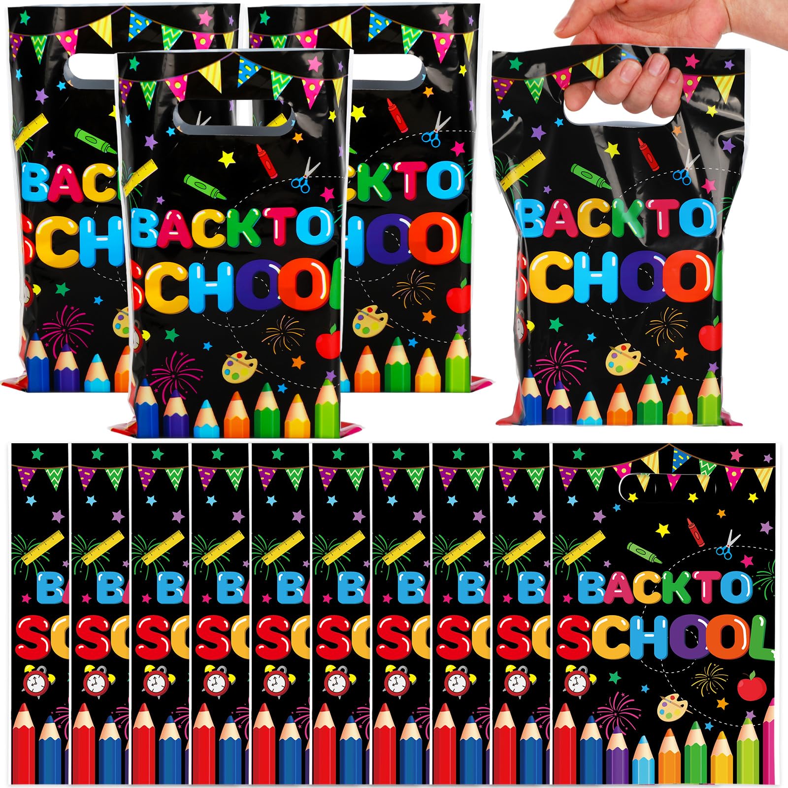Whaline 50Pcs Back To School Party Favor Bags Colorful Pencil Flag Decorative Plastic Treat Bags with Handles Goodie Candy Bags for First Day of School Party Gift Wrapping Supplies