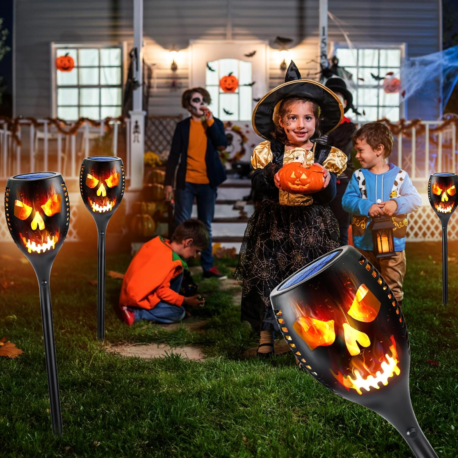 Toodour Solar Halloween Lights Outdoor, 4 Packs Super Larger Size Solar Torch Light with Flickering Flame, Waterproof LED Flame Lights for Outside Garden Yard Patio Pathway Orange Halloween Decor