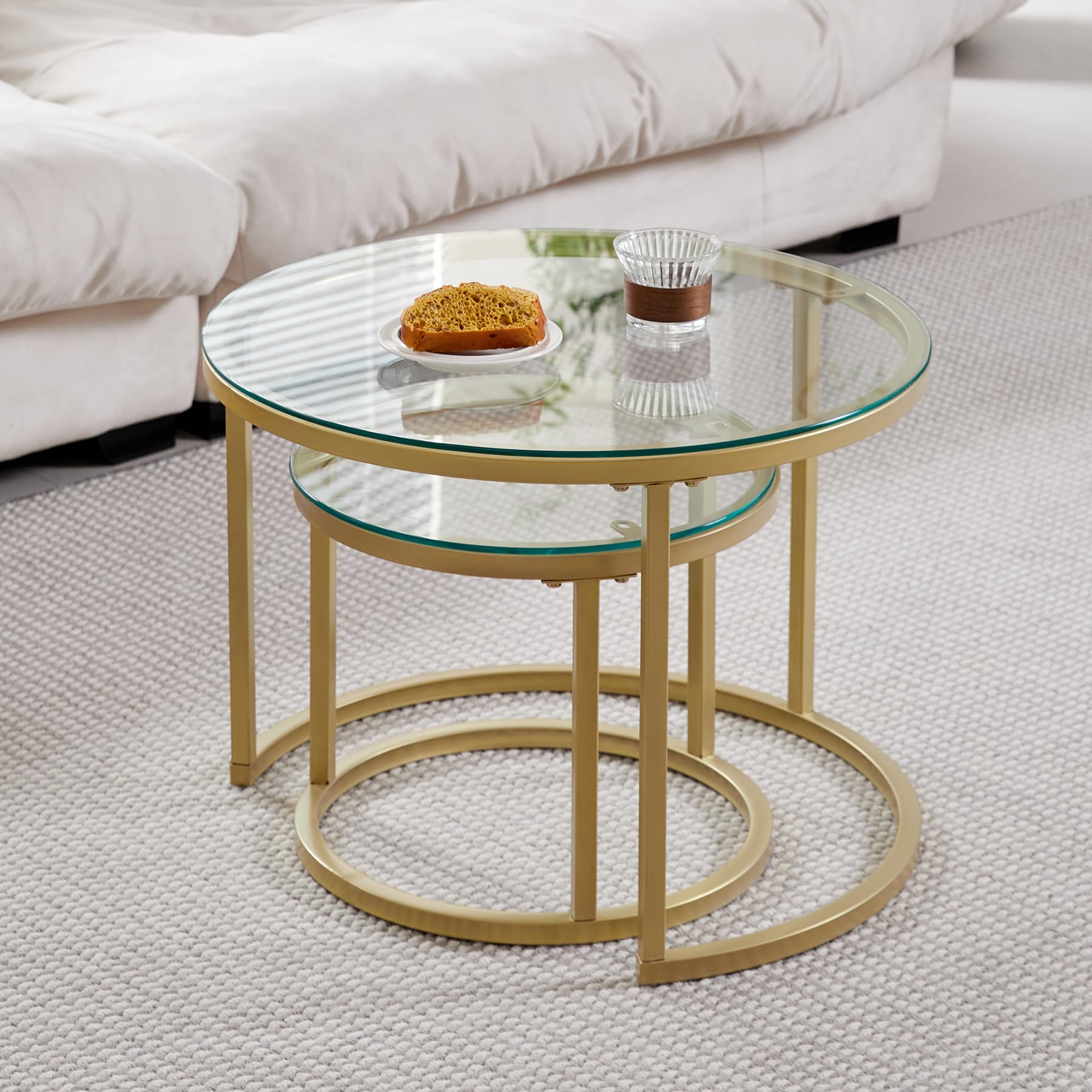 Set di 2 Tavolini da Caffè Rotondi con Piano in Vetro, Tavolini Rotondi a Incastro, Grande: 60 x 60 x 45 cm; Piccolo: 40 x 40 x 35 cm (Vetro Oro)