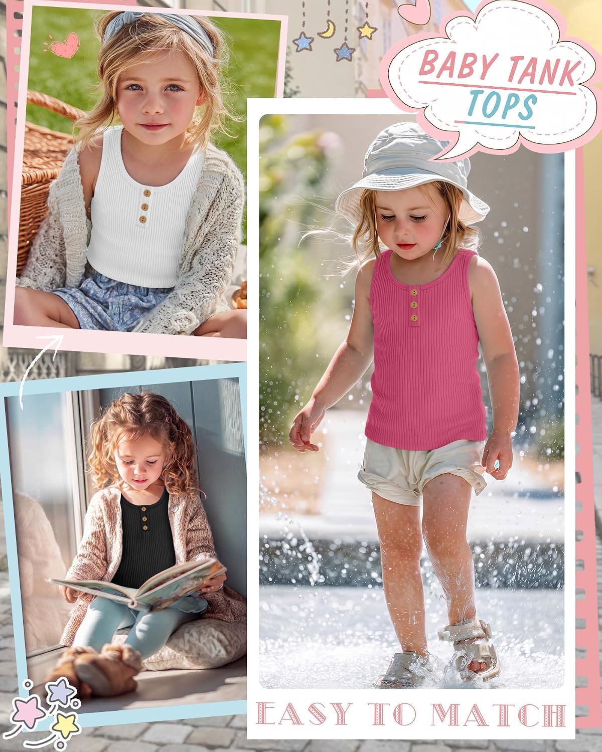 Yooo's Vivi 3 Pack Toddler Girl Tank Top 18M-5T Infant Sleeveless Ribbed Undershirt Baby Henley Crew Neck Summer Casual Shirt