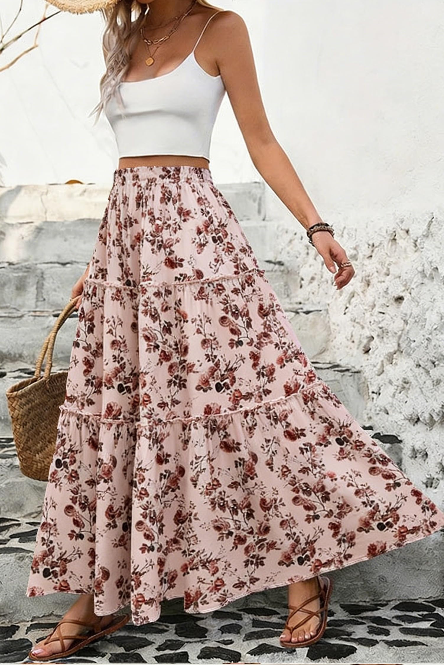 Falda Larga Cintura Alta Elegante Maxi con Bolsillos A-línea Elástica Bohemio Playa Verano