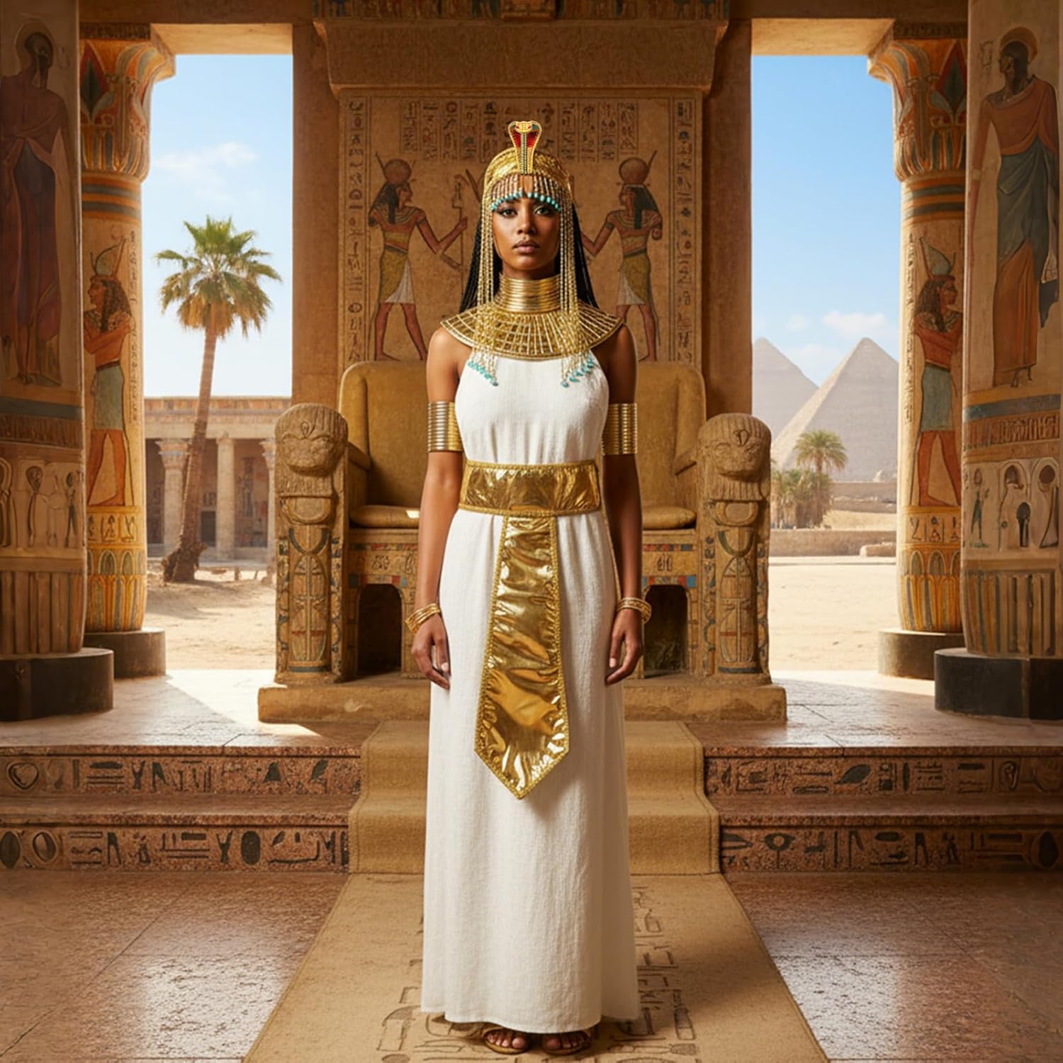 Yunlly 7 Pcs Mardi Gras Egyptian Costume Accessories African Cleopatra Headpiece Headband Tassel Bead Gold Snake Bracelets Arm Cuffs Collar Choker Collars Belt for Women Pharaoh Queen Cosplay