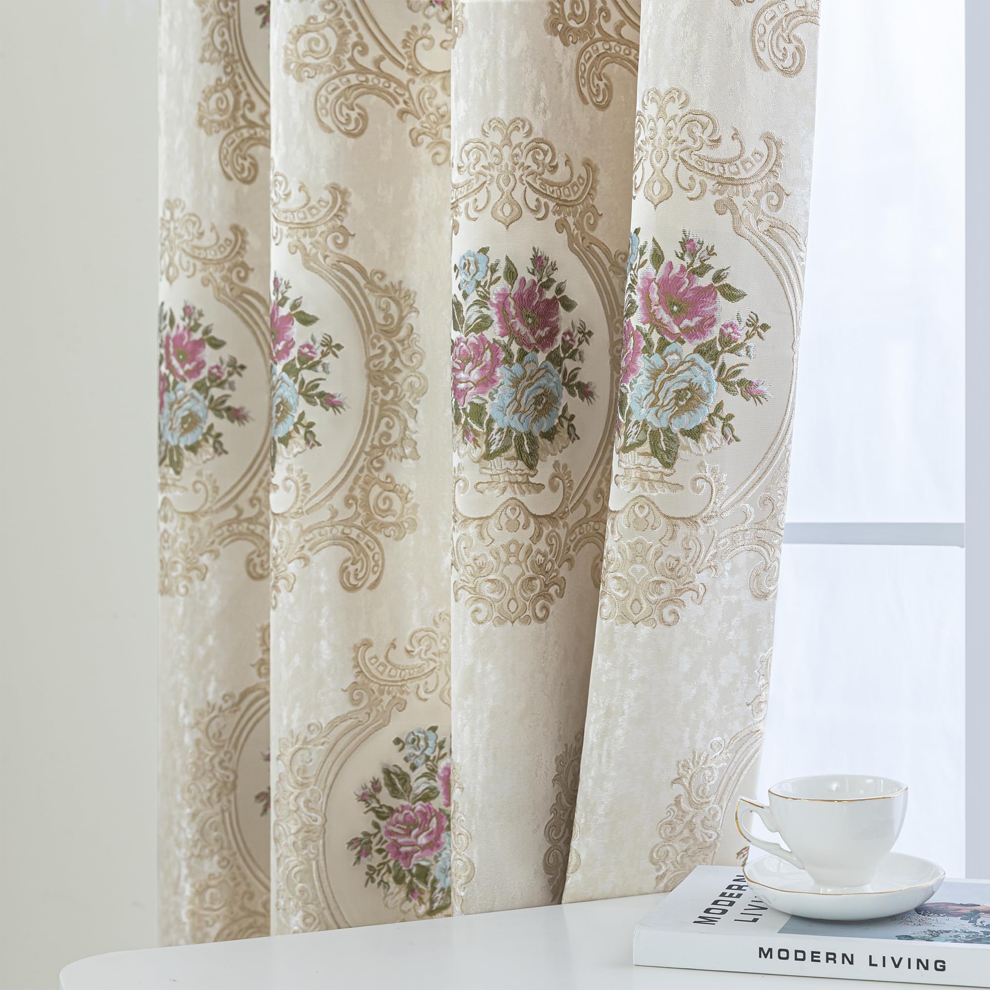 Loom and Mill Luxury Jacquard Curtains for Bedroom Living Room, Pearly Beige Floral Damask Curtains 2 Panels with Tiebacks, Elegant Window Curtain for Banquet Party Decor(52”Wx96”L, 2 Panels)