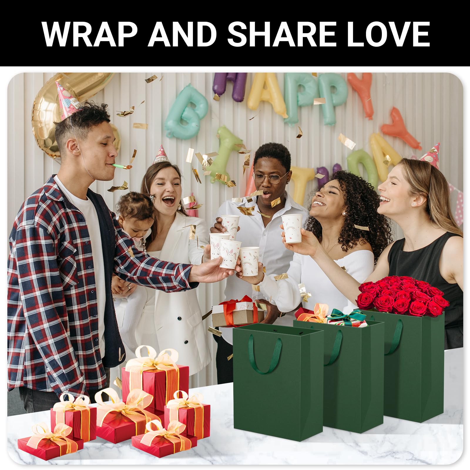EUSOAR Geschenktüten mit Henkel - 30 Pack Dunkelgrün Gift Bags L 25x13x32cm - 230GSM Papiertüten Groß für Verpacken - Weihnachten Party Geschenktaschen Grün