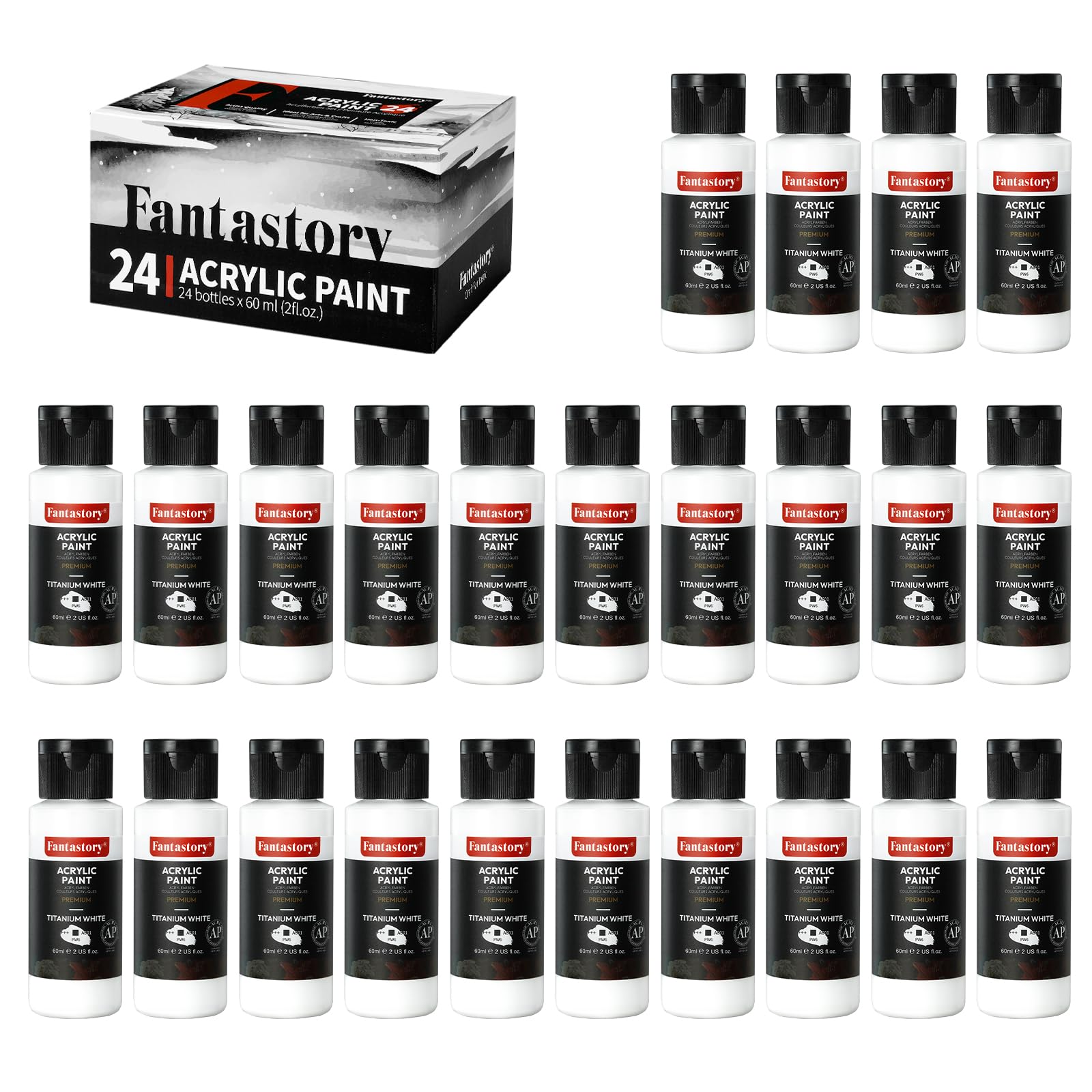 Fantastory 24x60ml(1440ml) Titanweiß acrylfarben weiß deckend Set – Schnelltrocknend,wasserfest, gut mischbar; für Leinwand,Holz,Keramik, Modelle