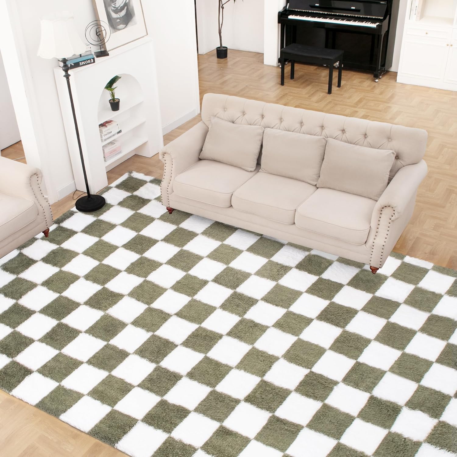 Super Soft Rug for Bedroom, 8x10 Ft Green and White Area Rug Classic Checkered Shaggy Rug Anti-Skid High Pile Soft Fluffy Rug Fuzzy Carpet for Living Room Bedroom Kids Room Nursery, Dorm Home Decor Green and White 8x10ft
