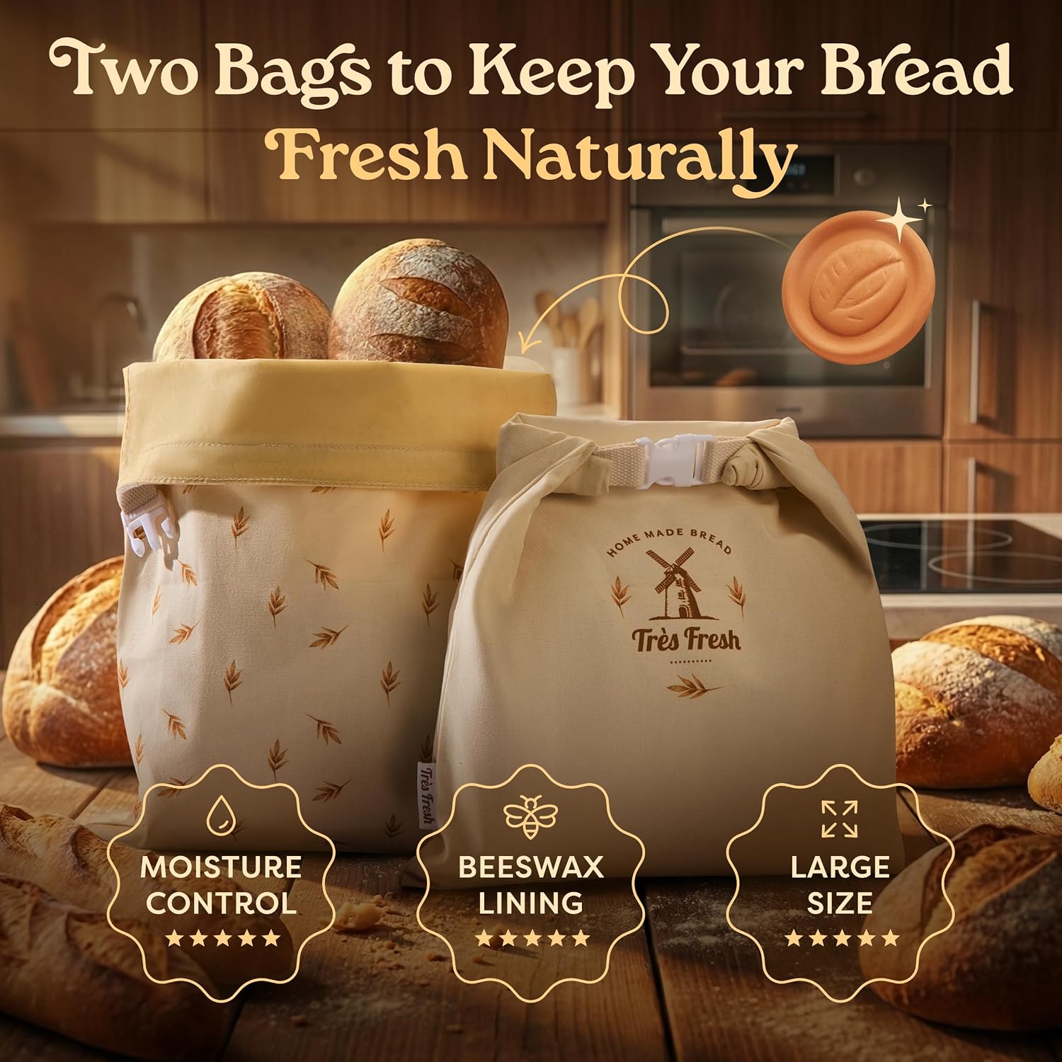 Beeswax Bread Bags for Sourdough 2 Pack - Waxed Bread Bags for Homemade Bread-Cotton Outer with Beeswax Lining - Buckle Closure-Includes Terracotta Disc - Extra Large 17"x13"- Freezer Safe
