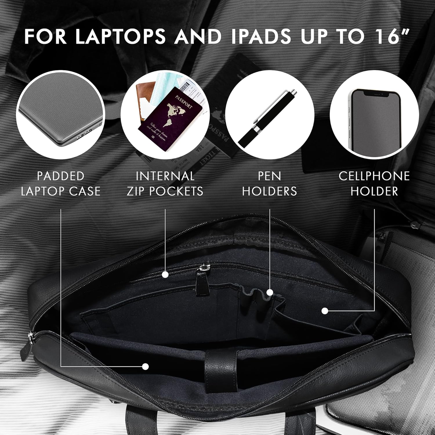 ELIZO Real Leather Messenger Bag for Men & Women, Satchel Bag with Padded Shoulder Strap, Mens Briefcase for Work, School & Travel, 16" Leather Laptop Bag with Compartments, Holders & Pockets (Black)