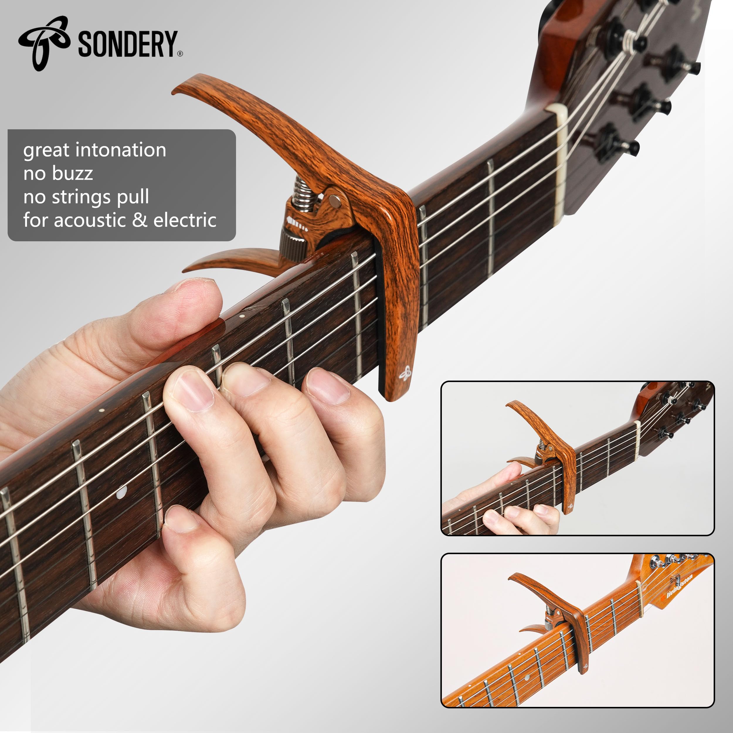Sondery Capo Professional do gitar akustycznych i elektrycznych, regulowane napięcie spustu dla idealnego brzmienia, ze sznurkiem ściągającym, twardy materiał cynkowy
