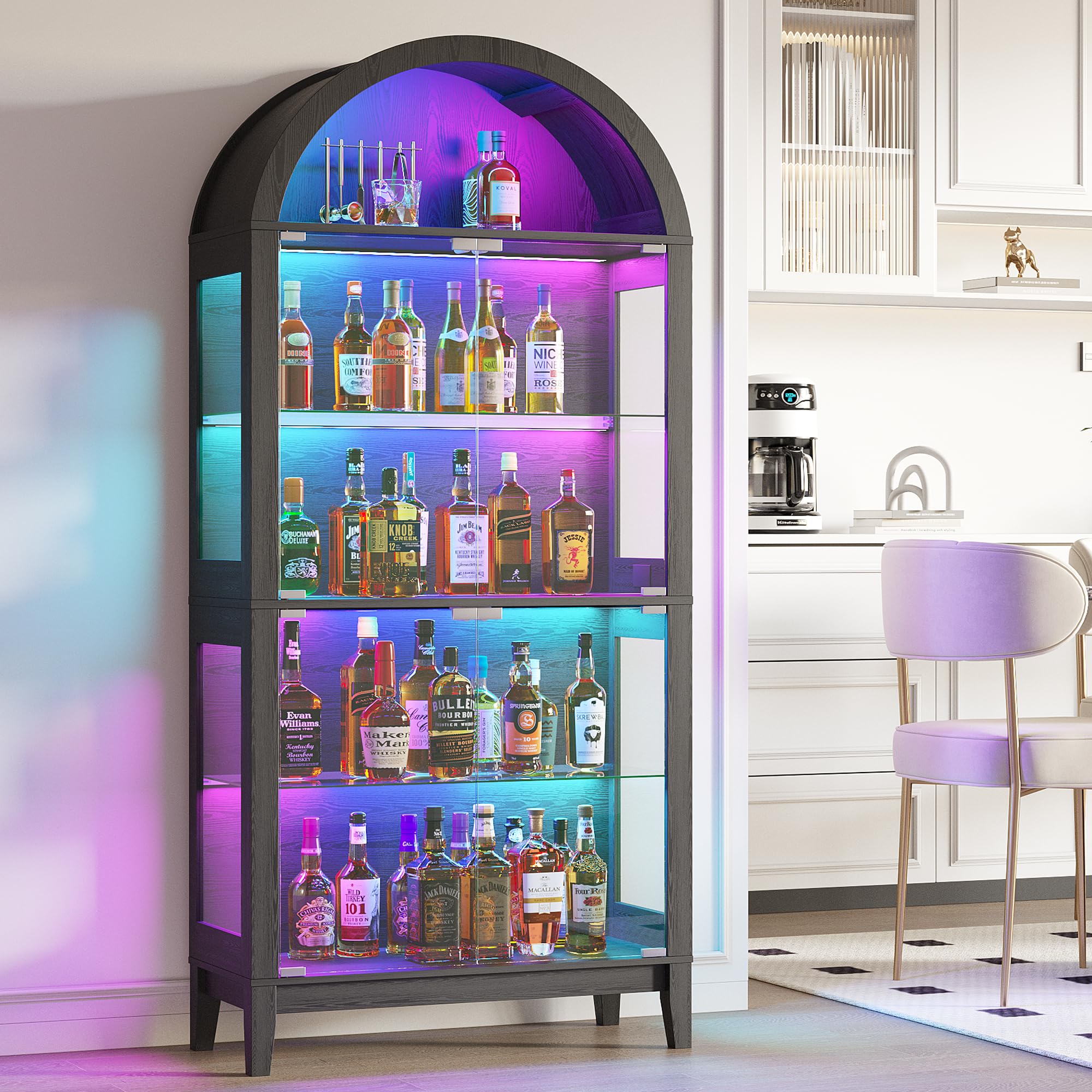 HNEBC Arched Display Cabinet with Glass Doors&amp; Music Sync Lights,Black