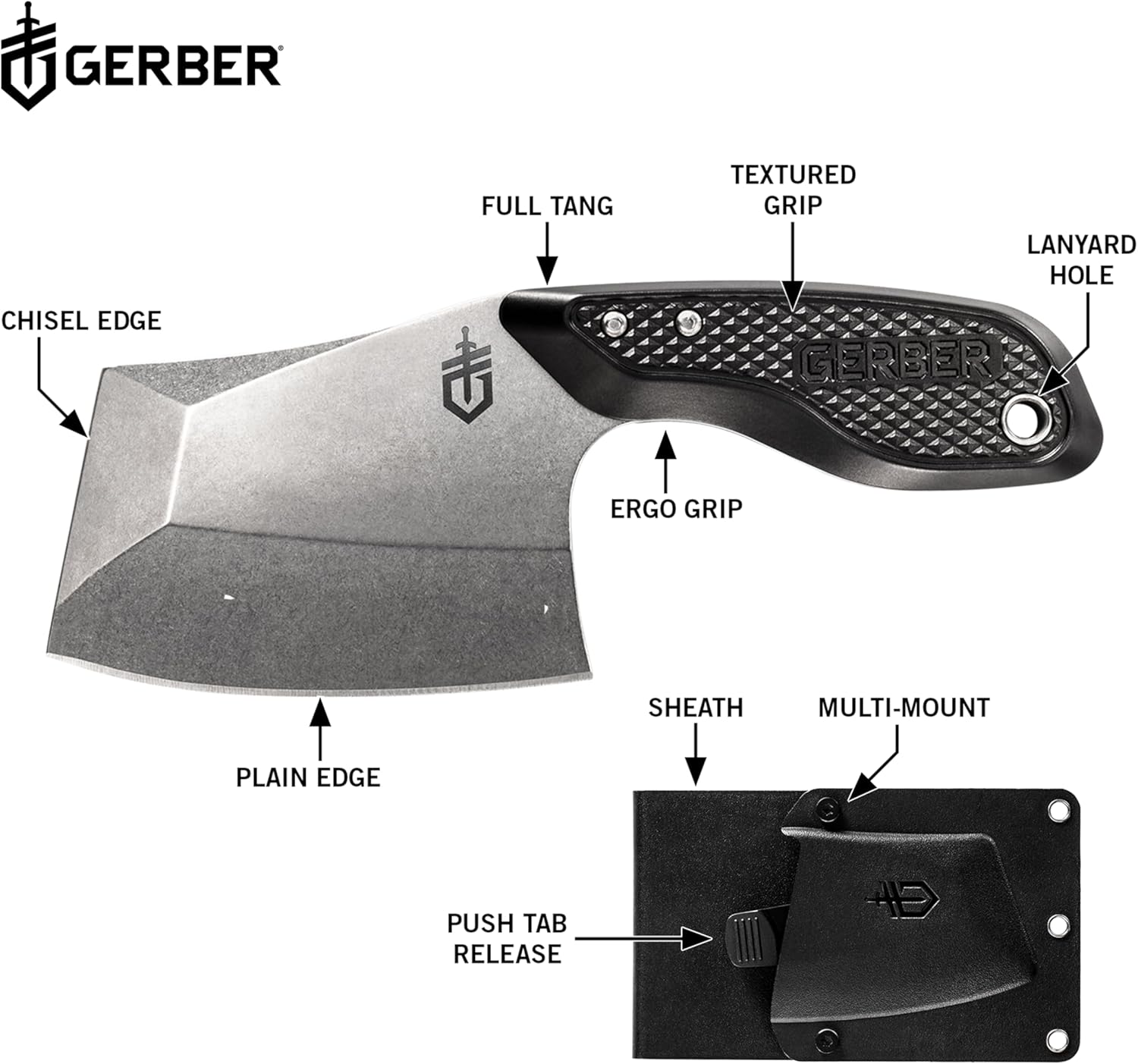 Gerber Gear TRI-Tip Mini Cleaver Fixed Blade Camping Knife with Molle Sheath for Survival and Bushcrafting, Black
