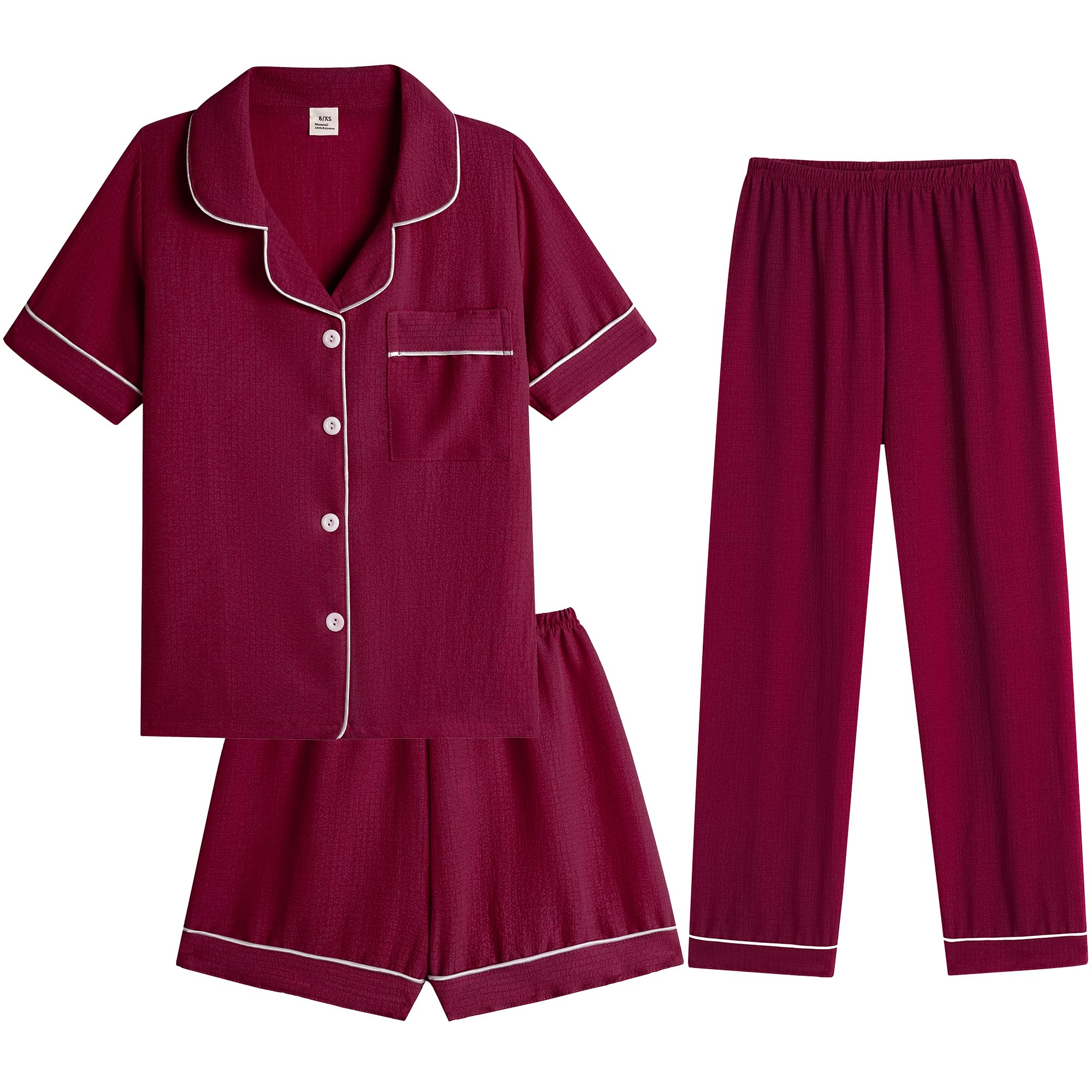 Hupohoi Big Girls Button Down Pajama Set 3pcs Crepe Fabric Sleepwear Nighty