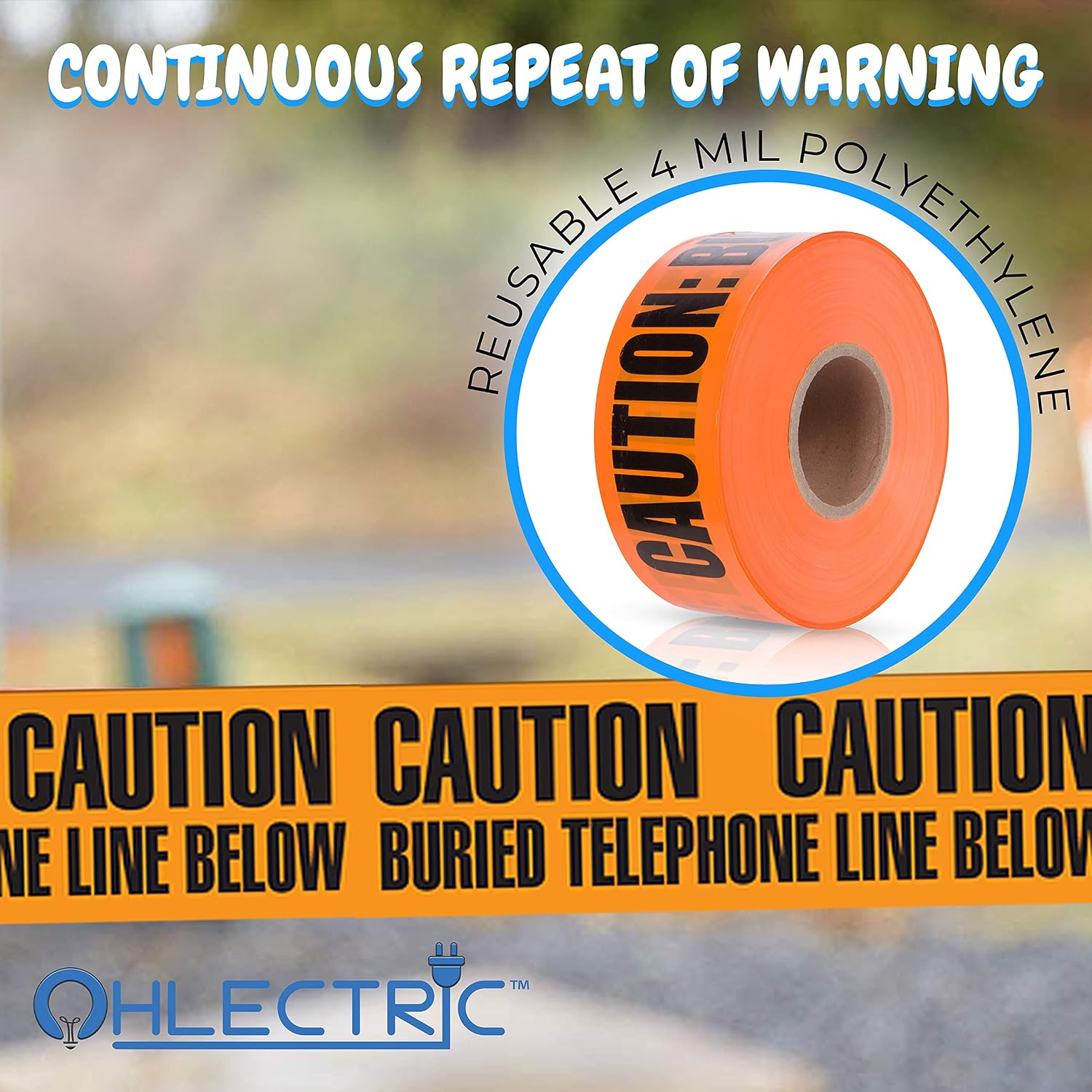 OhLectric Detectable Underground Warning Tape - 4 Mil Polyethylene Burial Tape - Indicates Underground Utility Lines - Resistance to Chemicals - Bright Orange Color - 3” x 1000’ - Pack of 2 - OL-42094