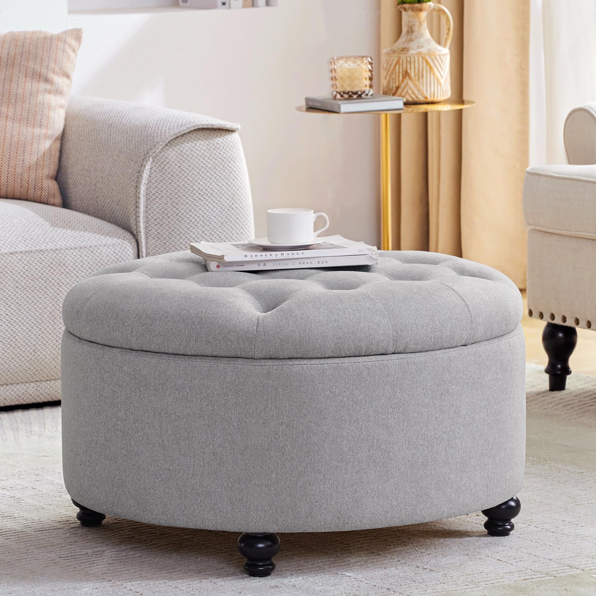 Tufted Large Round Storage Ottoman Footrest Beige/Grey/Blue Grey ( similar in stock)