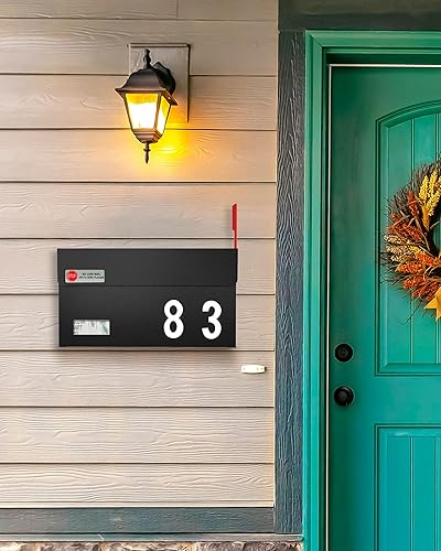 Miniatura 116 de LAND·VOI Buzón de pared con un kit de bandera y tres juegos de calcomanías de números de buzón de 0 a 9, buzones para exterior, buzón de metal Negro