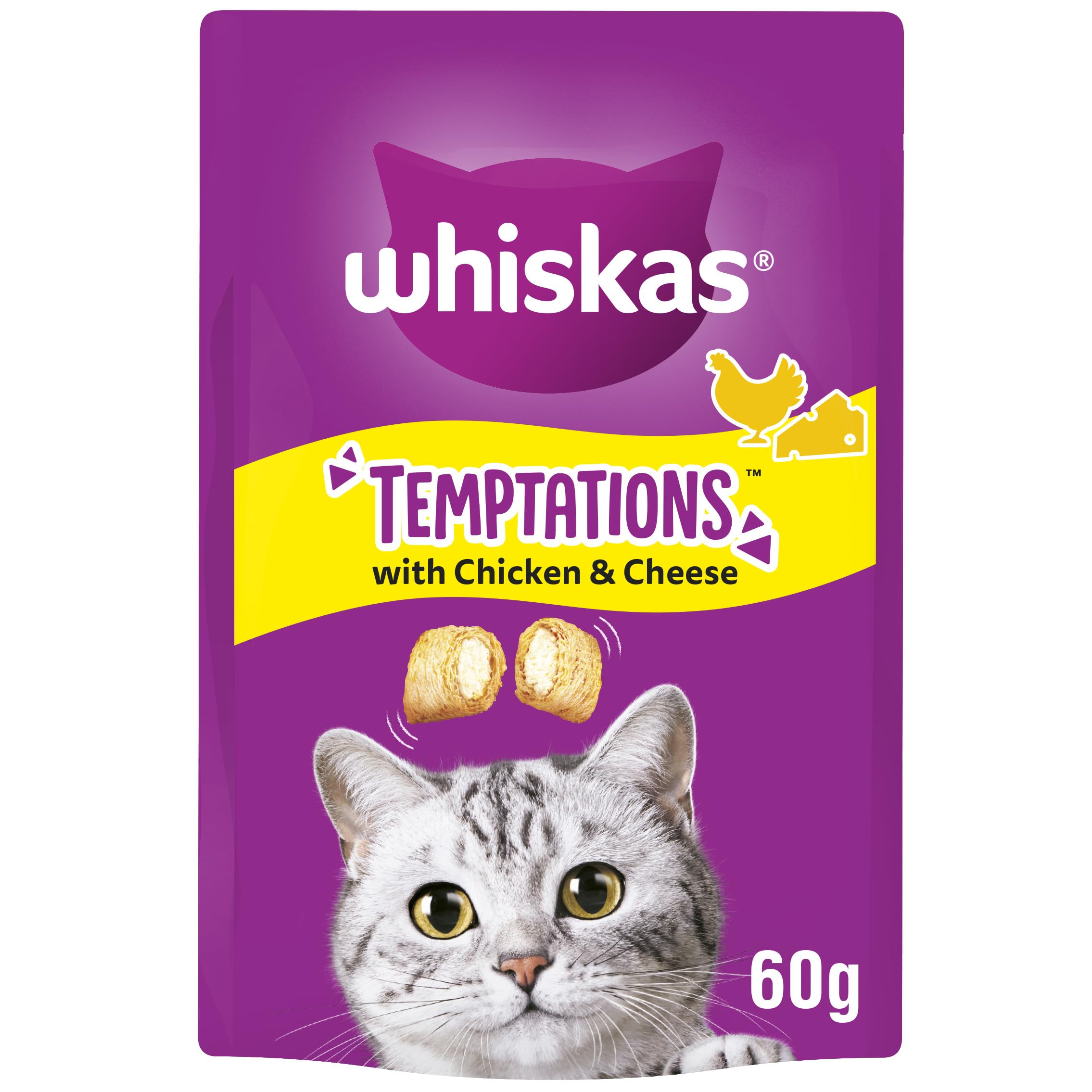 Whiskas Temptations Delicious Cat Treats with Chicken and Cheese 60 g (Pack of 6)