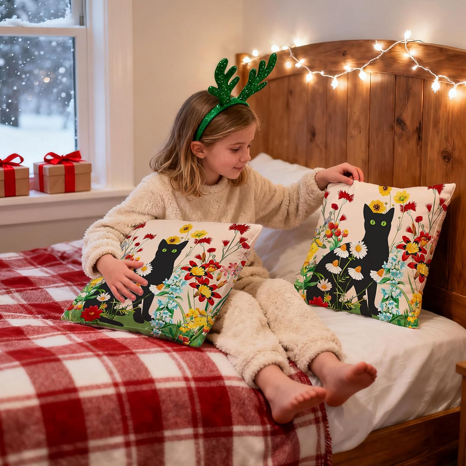 Floral Black Cat Pillow Covers 18x18, Cat Lover Gifts for Women, Cottagecore Vintage Colorful Wildflower Cute Kitty Decorative Throw Pillow Covers for Home Bedroom Living Room,152pillowcover - Image 4