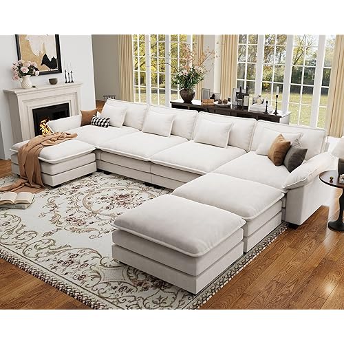 CDCASA 154" Oversized Modular Sectional Sofa, Comfy U-Shaped Cloud Couch w/ 3 Movable Ottomans, 7-Seater Velvet Deep Seat Modern Sofa Couch for Living Room, DIY Combination, Beige