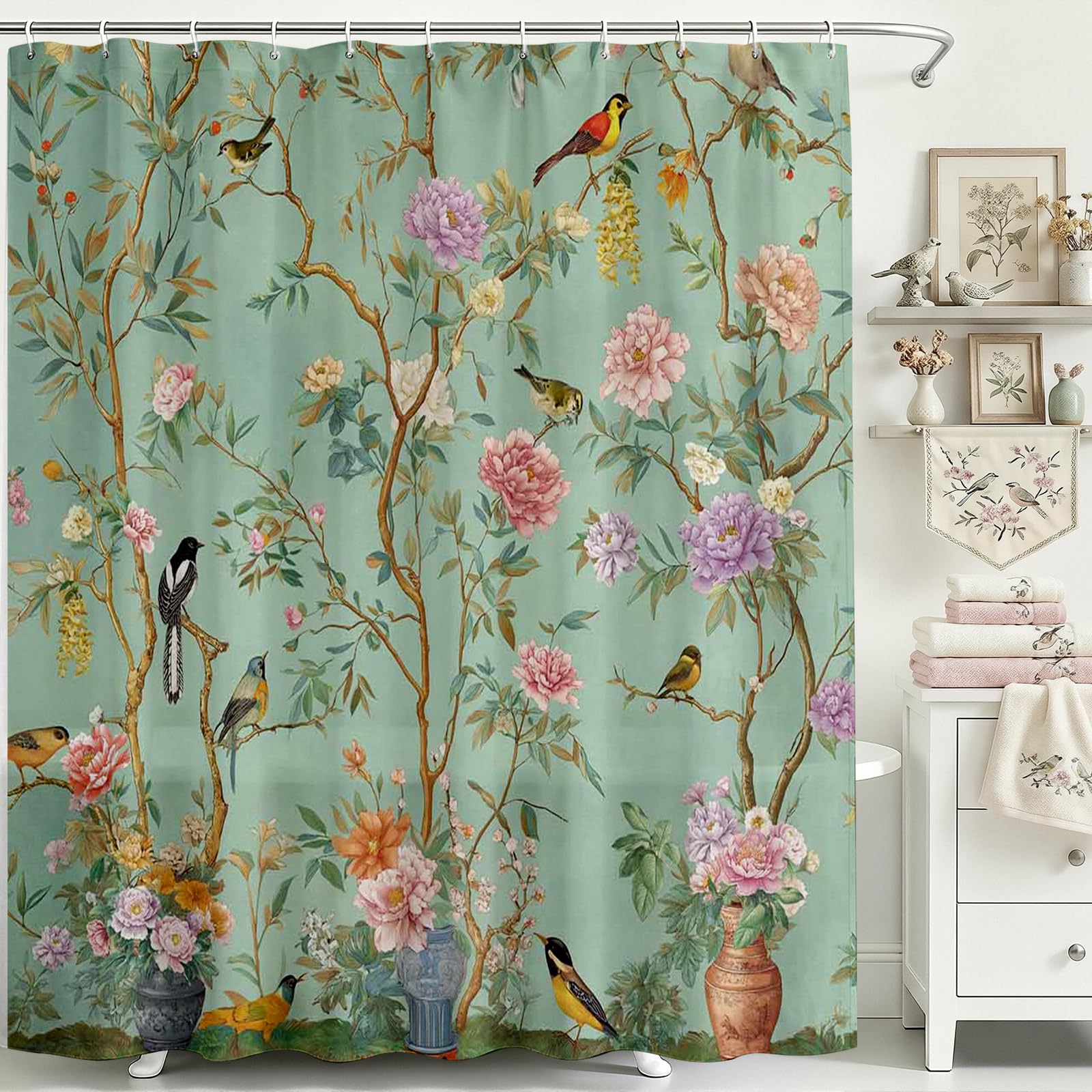 Avezano Bird Shower Curtain Bird Floral Green Bathroom Shower Curtain Spring Aesthetic Waterproof Fabric Shower Curtains Bathtub Decor with 12 Hooks 72 X 72 Inches (Green)