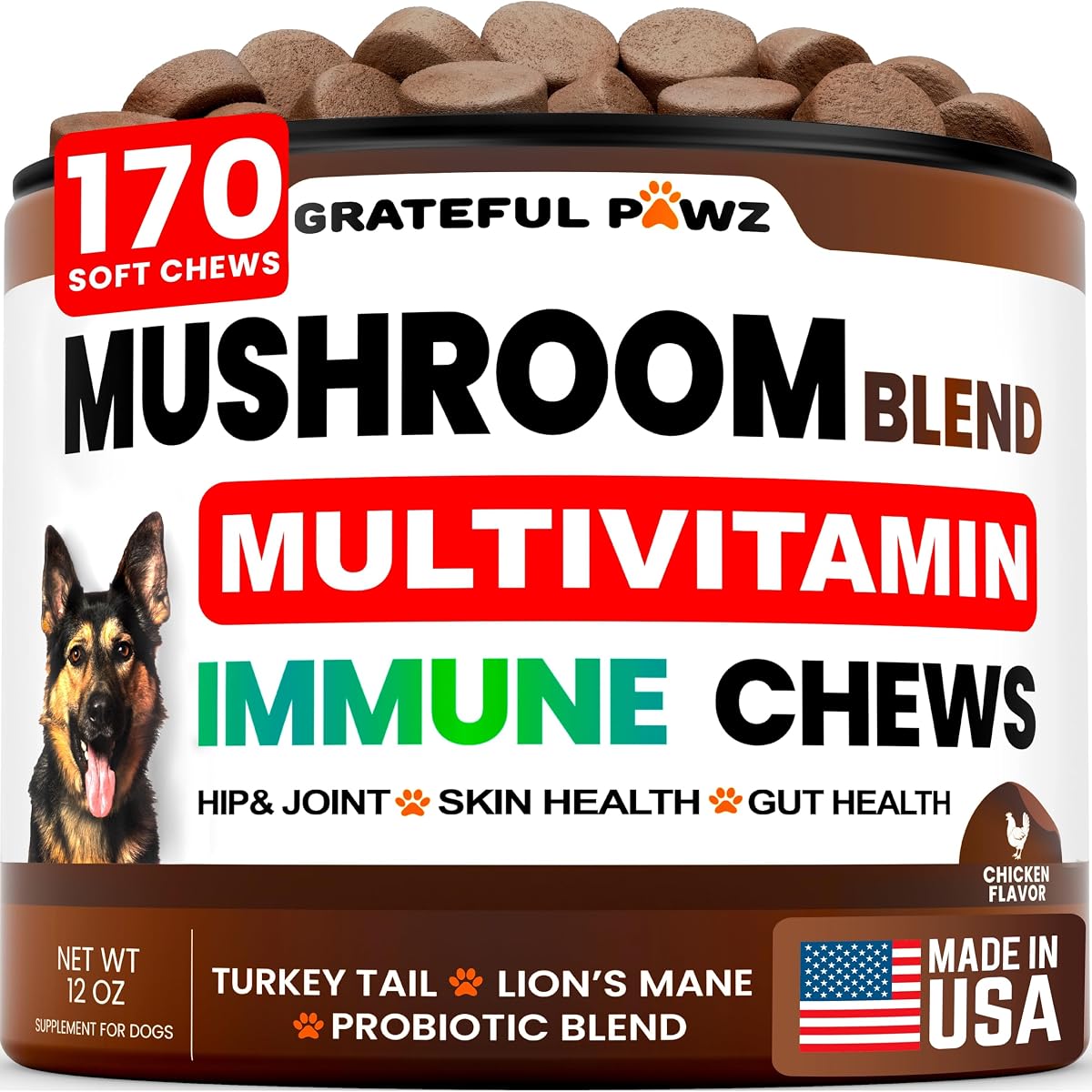 Suplemento de hongos cola de pavo para perros - Hongos para perros - 170 masticables | Reishi, melena de león, multivitamina con glucosamina: refuerzo inmunológico, apoyo para la salud del intestino, la cadera y las articulaciones, vitaminas, energía y piel