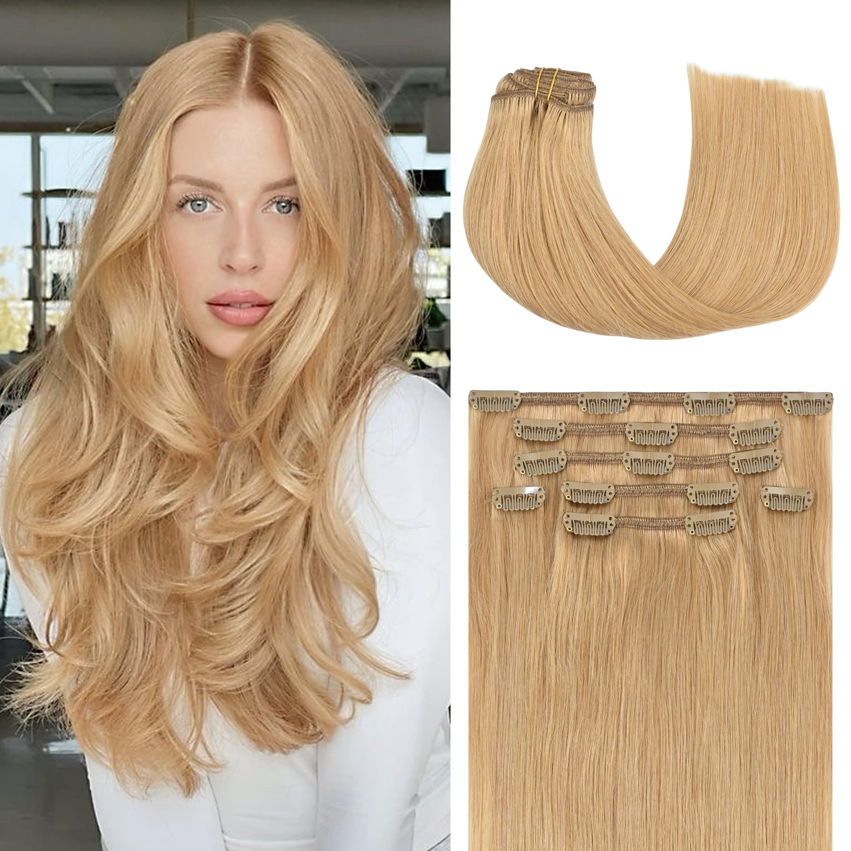 Honsoo Clip In Hair Extensions Real Human Hair 18in Long Straight Soft Honey Blonde 70g 7pcs Natural Extensions Like Your Own Hair