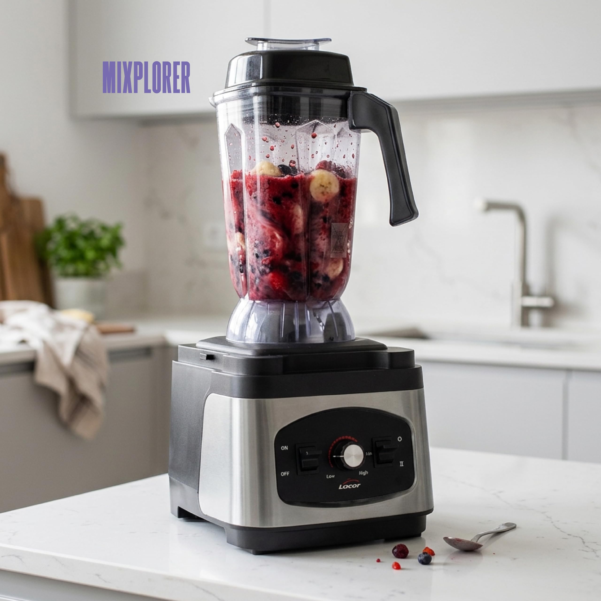 LACOR - 69595 - Batidora Profesional Mixplorer de Alto Rendimiento, 1680W, 2,5 L, Tritán BPA Free, 23.000 rpm, 6 Cuchillas de Acero Inoxidable, Trituradora de Hielo, Frutas Congeladas y Frutos Secos