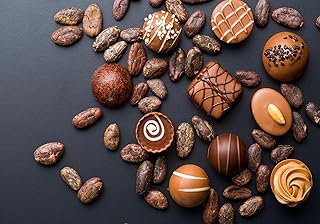 Chocolate Pralines Cocoa Beans Dark Background Flat Lay Backdrop Luxury Bonbon Confection Assorted Collection Background for Dessert Theme Party Decorations Gourmet Wall Hanging 8X8ft Fabric