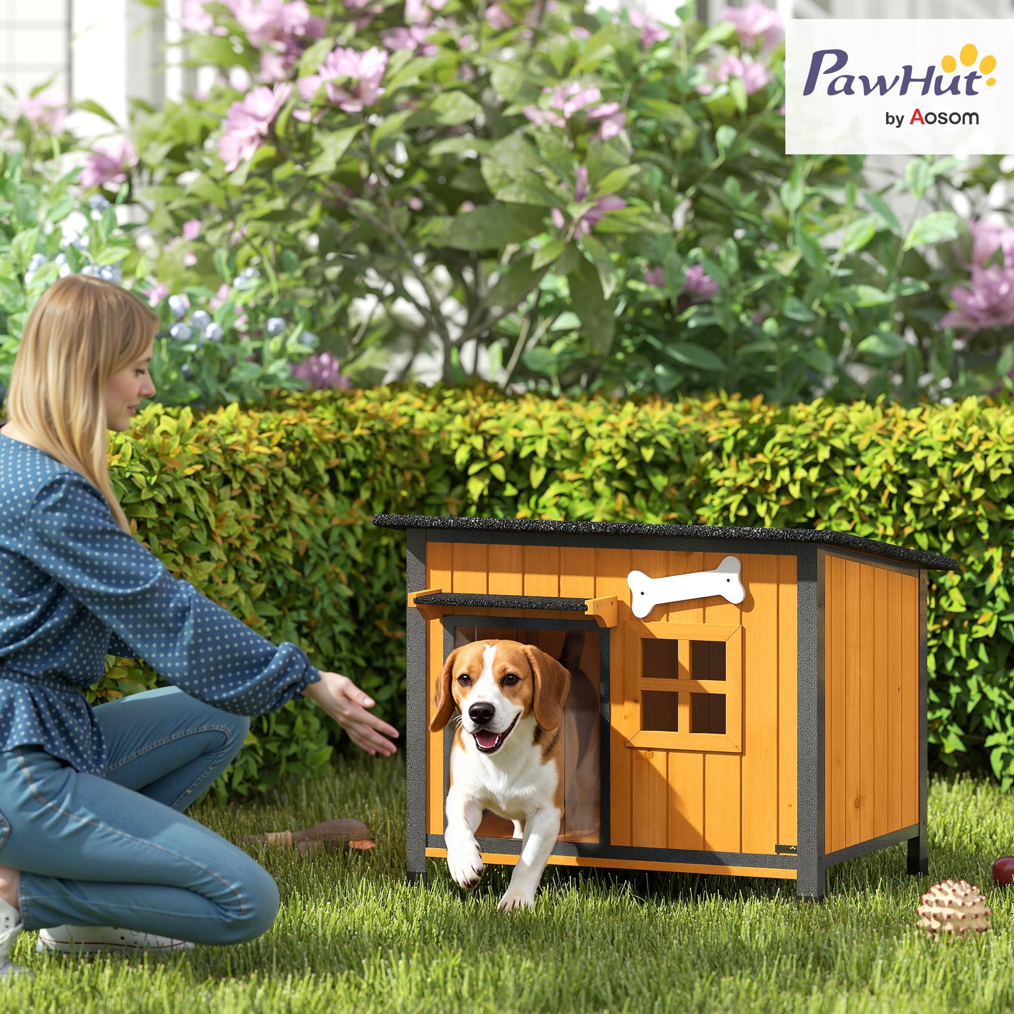 PawHut Cuccia per Cani da Esterno in Legno e Acciaio Anti-Morso, Casetta per Cani Rialzato con Tetto Spiovente Apribile e Impermeabile, Pavimento Rimovibile, Tenda per Porta, Tettoia, 84.5x62x65 cm