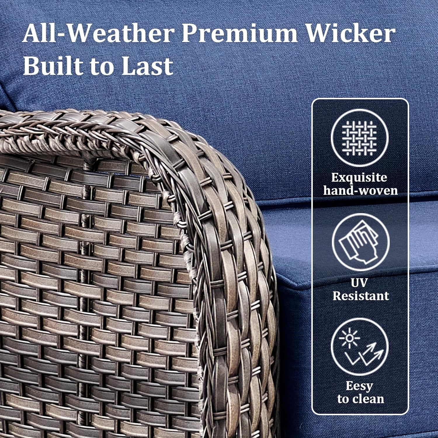 71'' Patio Couch Outdoor Wicker Sofa, Heavy Duty All-Weather Rattan 3-Seater Sofa with Deep Seating and Removable Cover, Outdoor Patio Furniture for Deck Porch Sunroom Backyard Grey/Blue