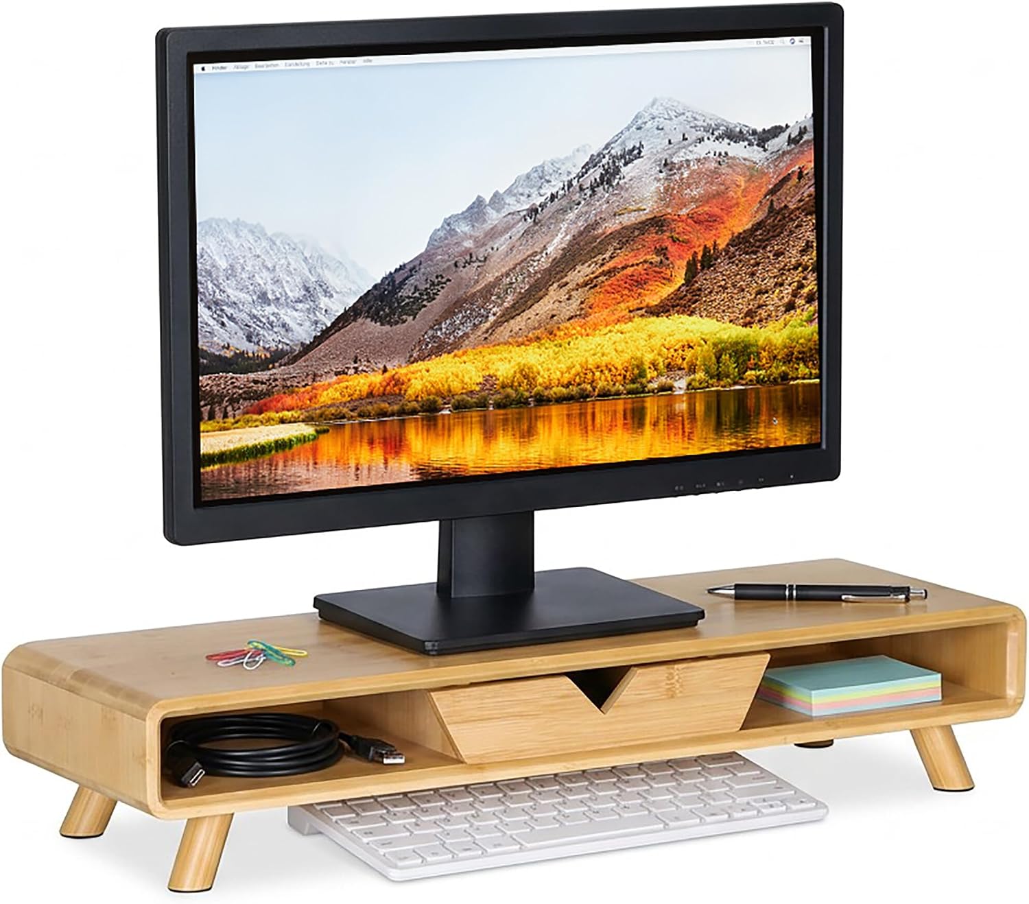 Relaxdays Bamboo Monitor Stand with 2 Compartments and Drawer, 13 x 62 x 20.5 cm, Natural