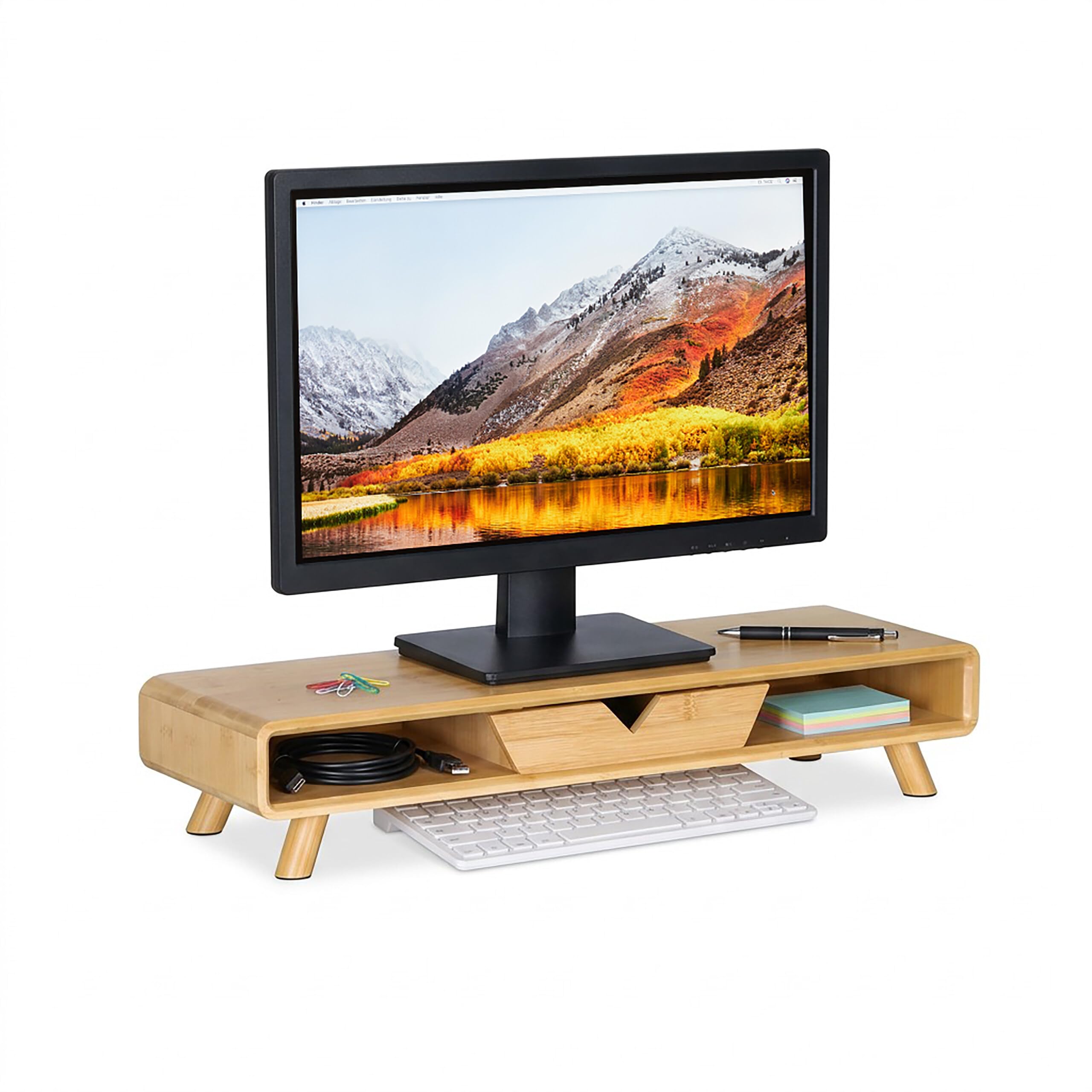 Relaxdays Soporte para monitor, 2 compartimentos y cajón, 13 x 62 x 20,5 cm, bambú, escritorio, natural