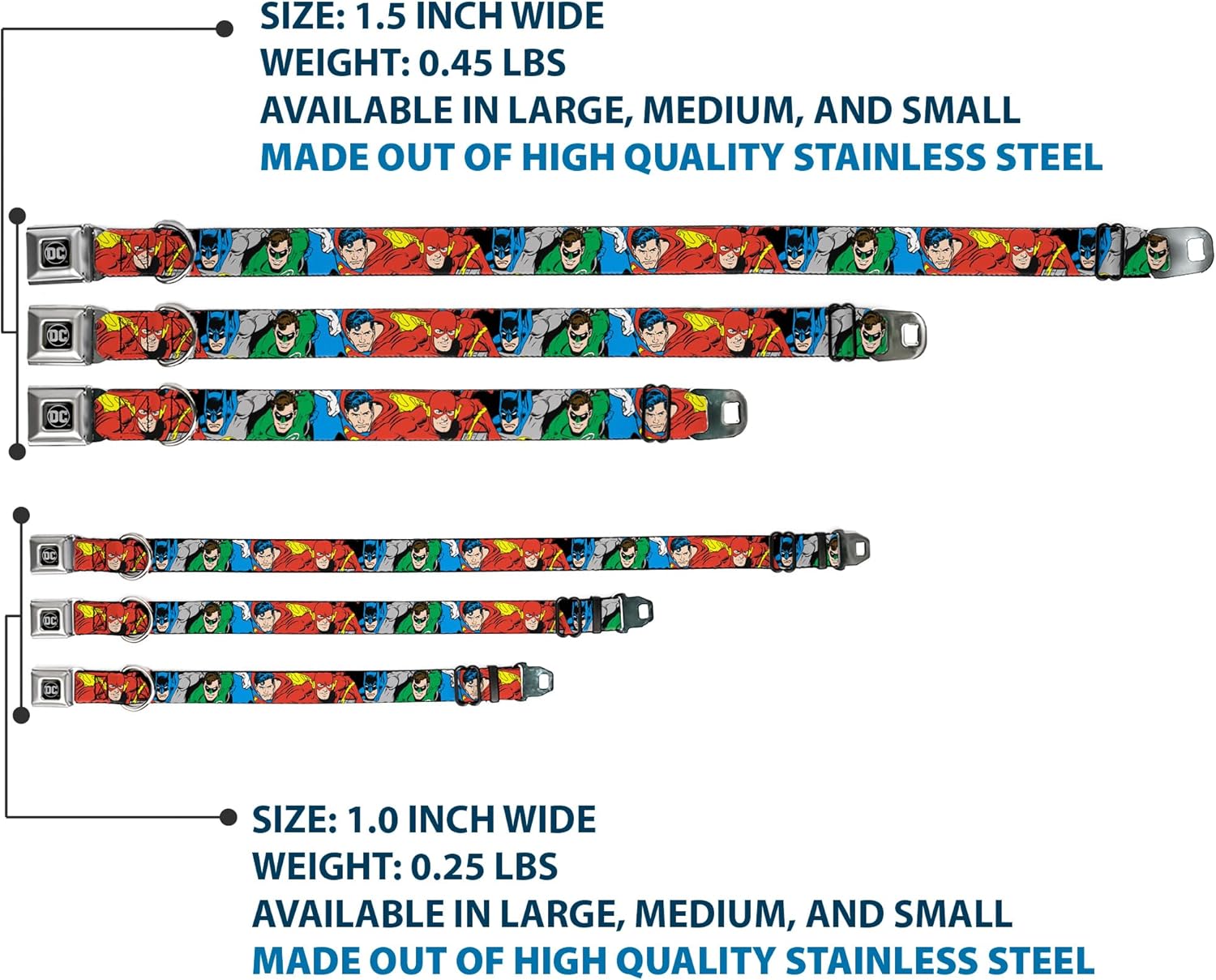 Buckle-Down Seatbelt Buckle Dog Collar - Justice League Superheroes CLOSE-UP New - 1" Wide - Fits 15-26" Neck - Large