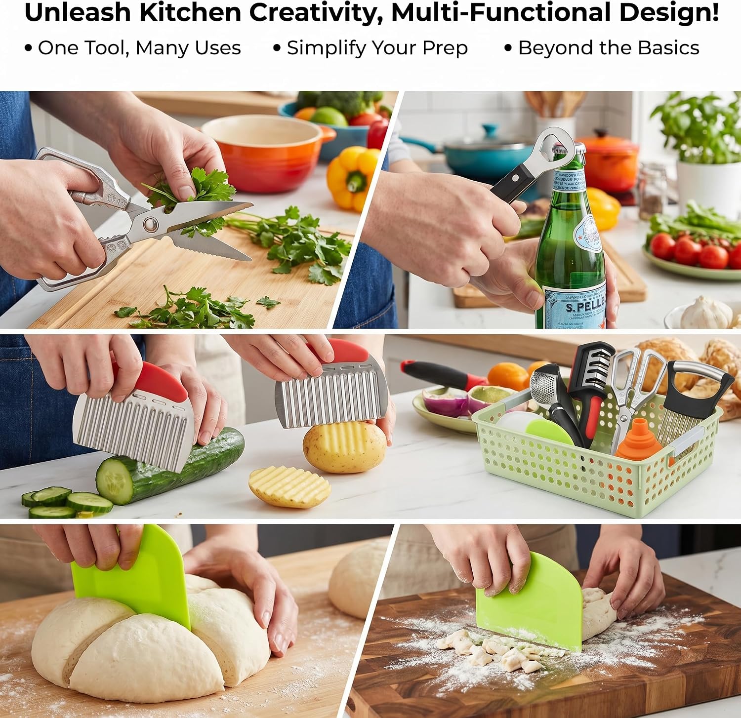 13-Piece Kitchen Gadget Set (Includes Storage Basket) — Features Kitchen Shears, Garlic Press, Knife Sharpener, Julienne Peeler, Standard Peeler, Anti-Scald Tongs, and Bottle Opener — A Home Essential