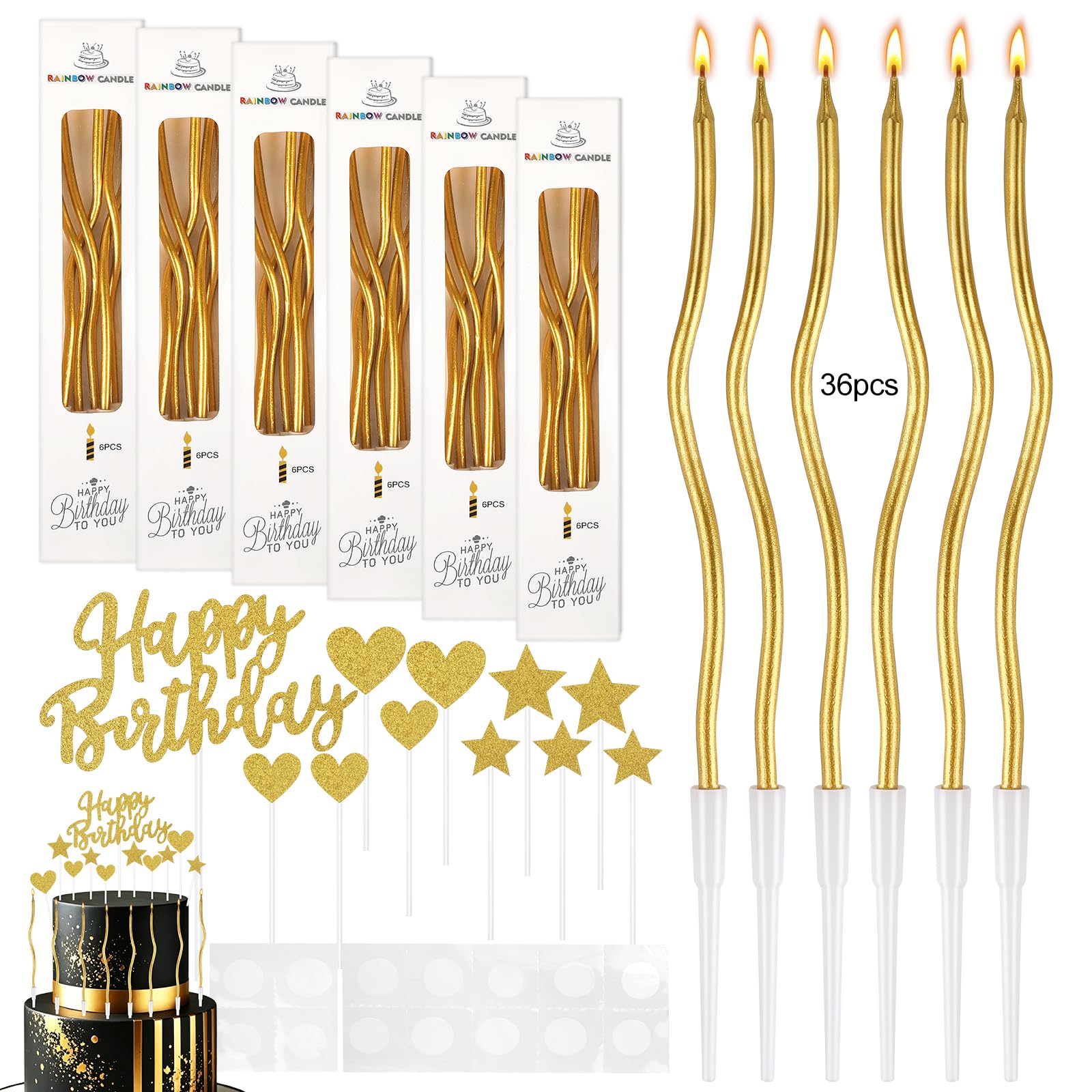 47 Pieces Gold Birthday Cake Candles Set, 36 Pcs Spiral Cake Candles with Holders, 11 Glitter Happy Birthday Cake Toppers, 15 cm Long Gold Candle Candles for Cake, Wedding Party Decoration
