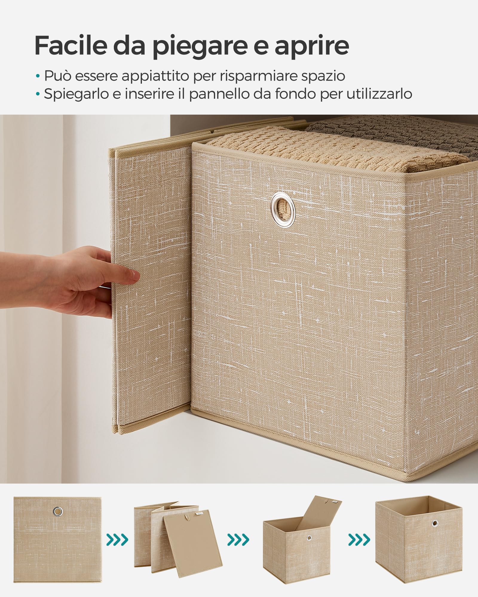 SONGMICS Scatole Portaoggetti, Set di 6 Contenitori in Tessuto Non Tessuto con Manico, 30 x 30 x 30 cm, Unità di Organizzazione, per Scaffale, Pieghevoli, Porta Abiti, Beige Sabbia RFB006K03