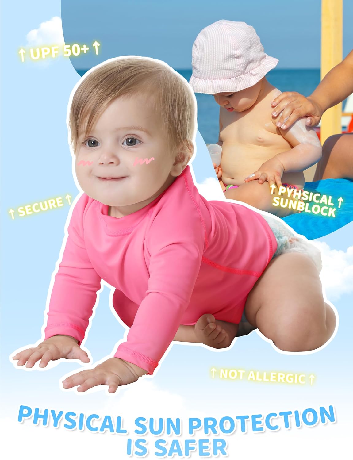 Baby Todder Rash Guard Shirts SPF Long Sleeve Swim Shirts Sun Protection Rashguard Swimwear for Baby Boys Girls