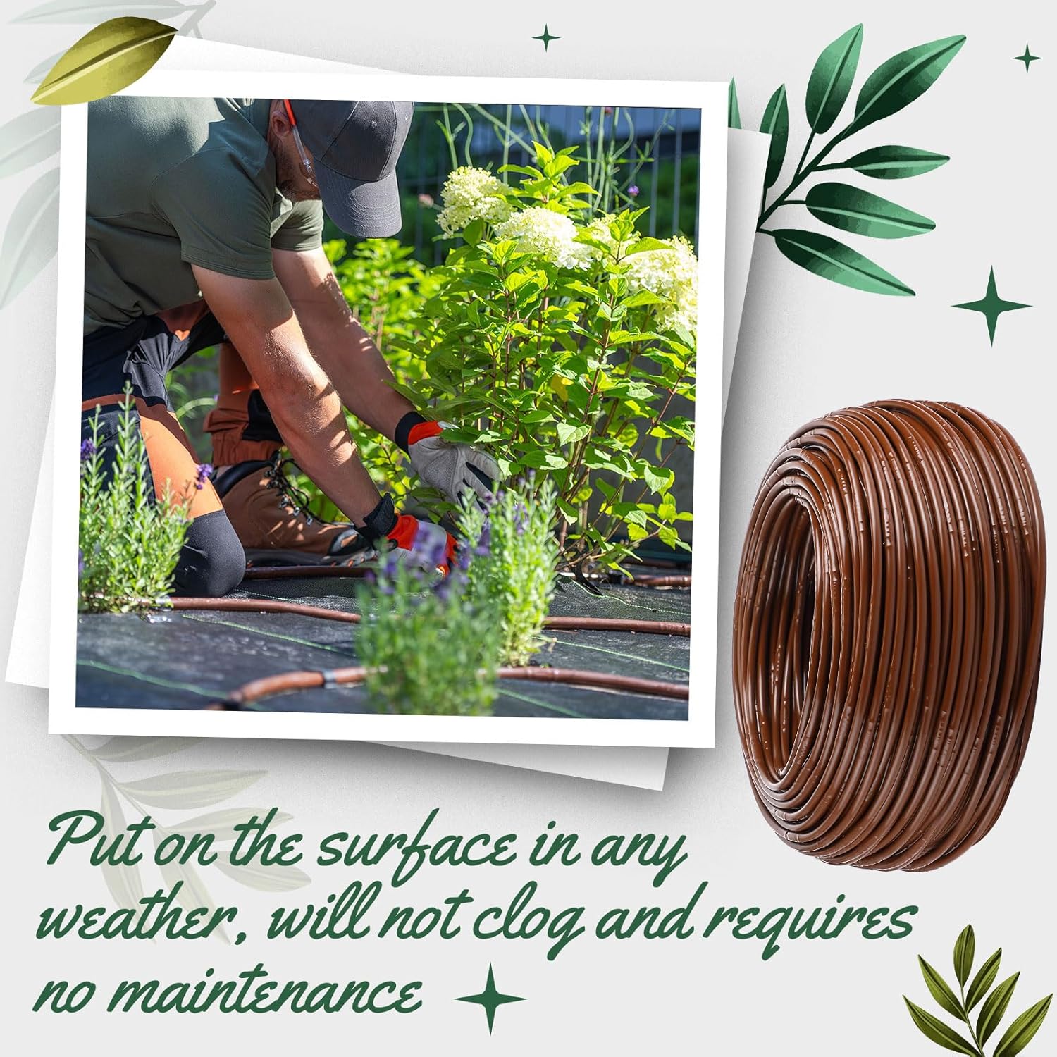 Nuanchu 298 ft 1/4-inch Drip Irrigation Tubing Hydroponics Dripline with 9.8 Inch Emitter Spacing Blank Distribution Tubing Drip Line Watering for Garden Irrigation System Flower, Flexible(Brown)