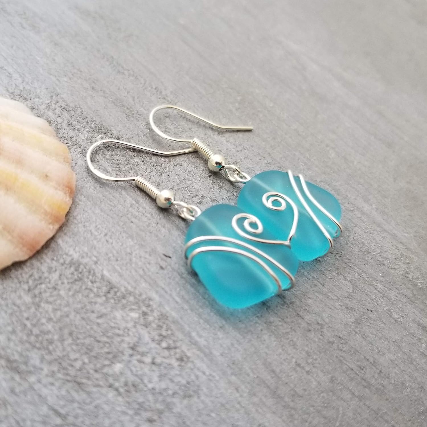 Handmade Sea Glass Earrings, Hawaiian Jewelry, Wire Turquoise Earrings Blue, Seaglass Jewelry For Women Birthday Gift For Women (December Birthstone)