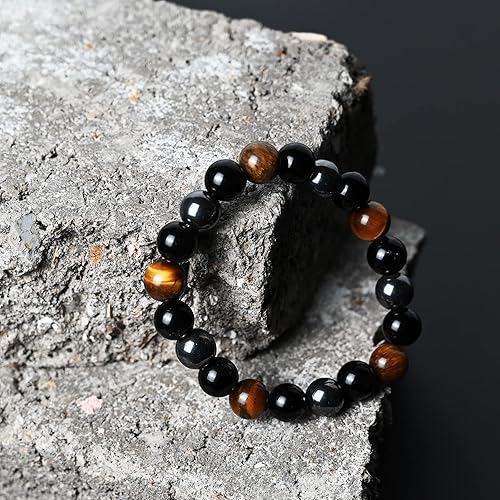 Miniatura 6 de Triple Protection Bracelet Natural Black Obsidian Tigers Eye Hematite 10mm Beads Crystal Bracelet Healing Bracelets for Men Women Bring Prosperity
