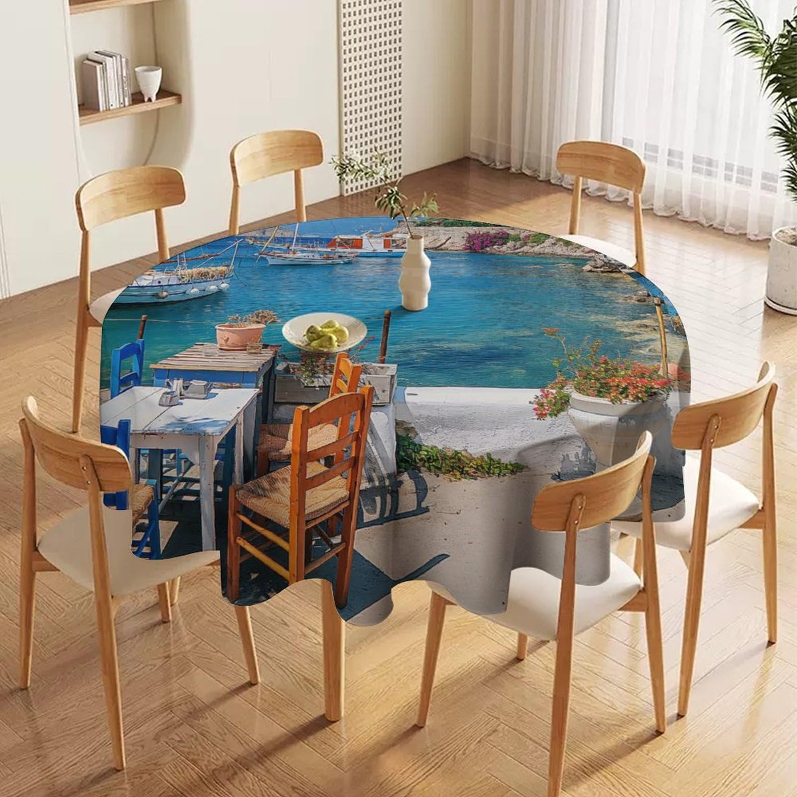 ORDOBO 3D Print Round Tablecloth - Seaside Houses Fashion Waterproof Dust-Proof Table Cover For Dinner Kitchen Holiday Home Protect Table Decoration 127X127Cm