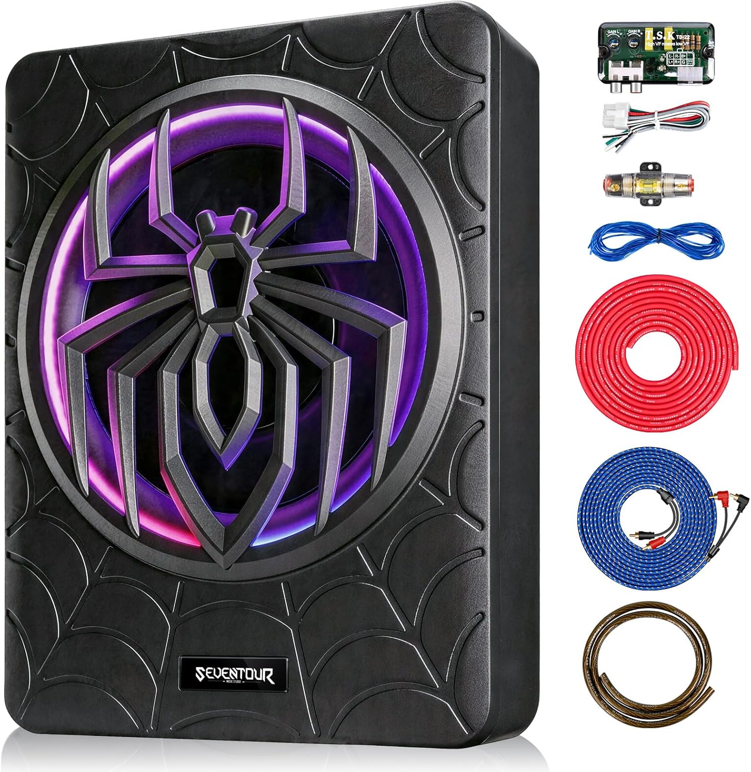 Seventour ST-1000 10-Inch 1200W Slim Under-Seat Powered Subwoofer with RGB LED, Built-in Amp & Mounting Kit