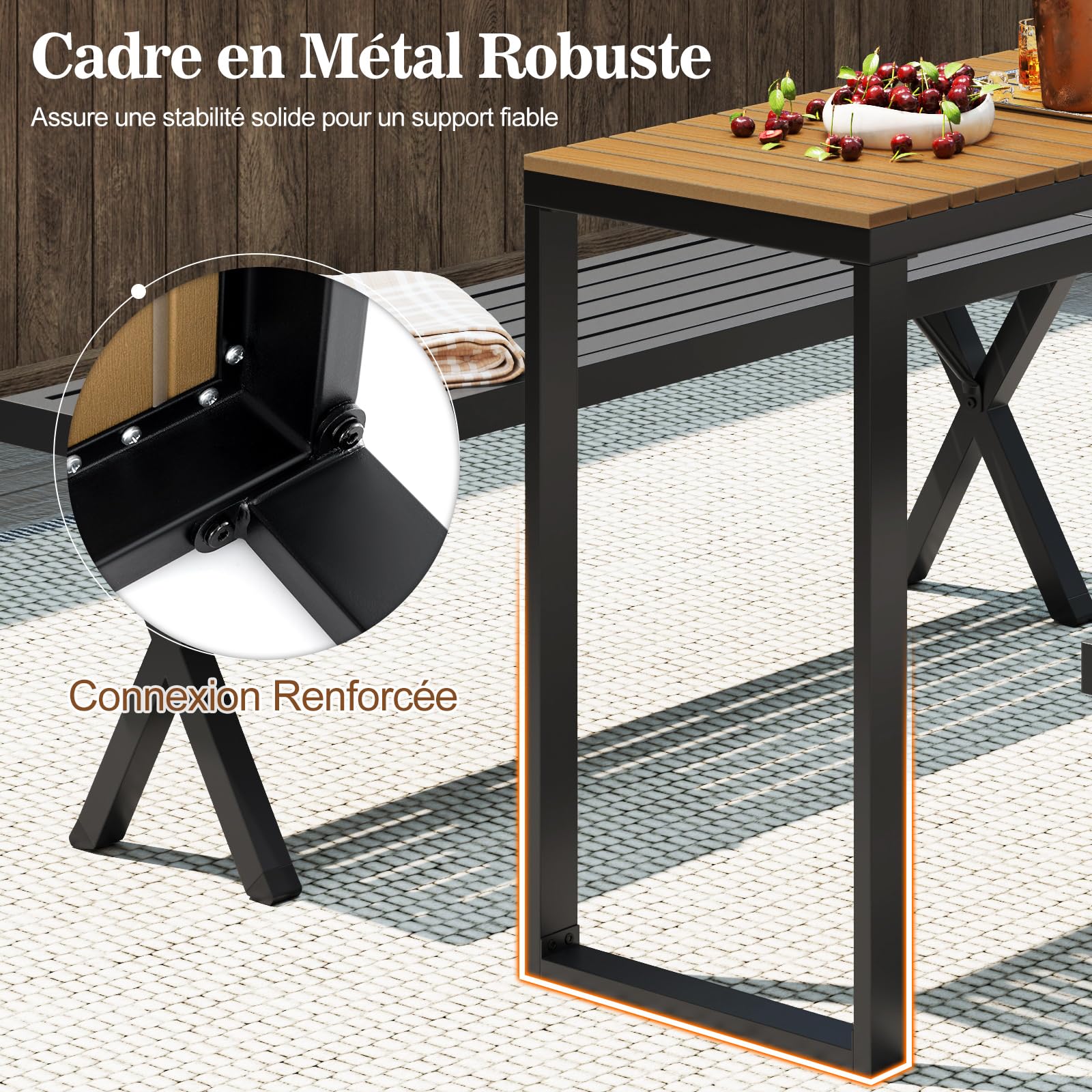 GOPLUS Table Bar Exterieur, Table Haut Extérieur, Console Jardin Exterieur Structure Résistante en Métal, Plateau à Lattes Empêchant l'Accumulation d'eau, Cour et Terrasse, Charge 60KG, 129x42x75CM