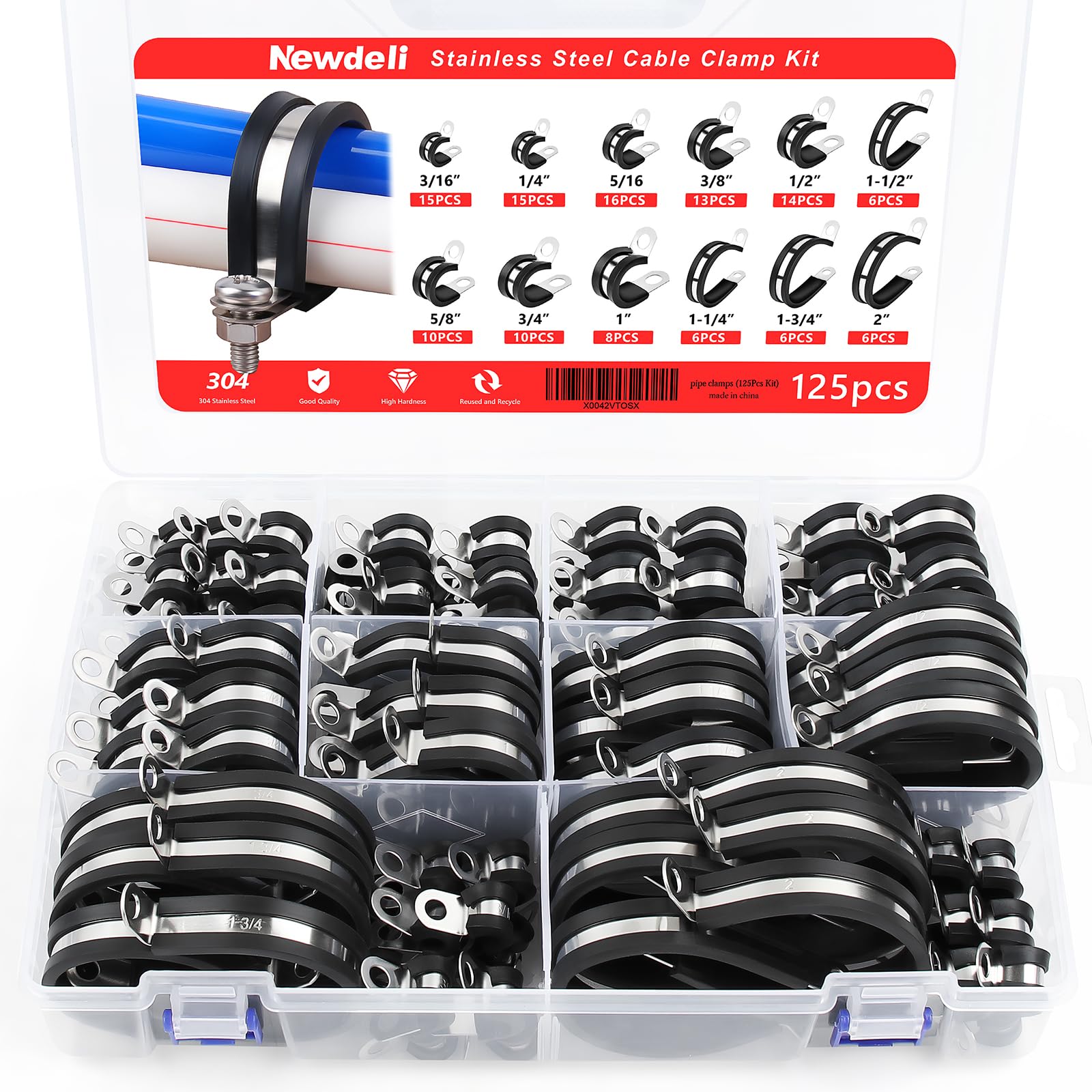 Newdeli 125Pcs Cable Clamps Assortment Kit 12 Sizes 3/16" 1/4" 5/16" 3/8" 1/2" 5/8" 3/4" 1" 1-1/4" 1-1/2" 1-3/4" 2" Stainless Steel Rubber Cushioned Hose Clamp Insulated Automotive Wire Pipe Clamps