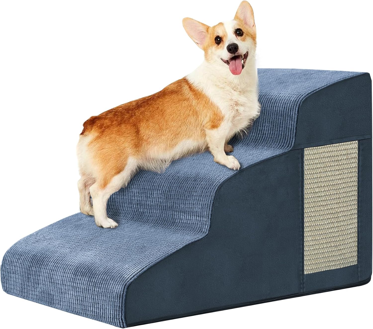 Pet Stairs for Small Dogs - 3-Step Curved Dog Ramp for Bed, Couch, Sofa, Car and Chairs - Non-Slip Bottom Design - High Density Foam Portable Pet Step - Navy Fleece Navy 3 Steps