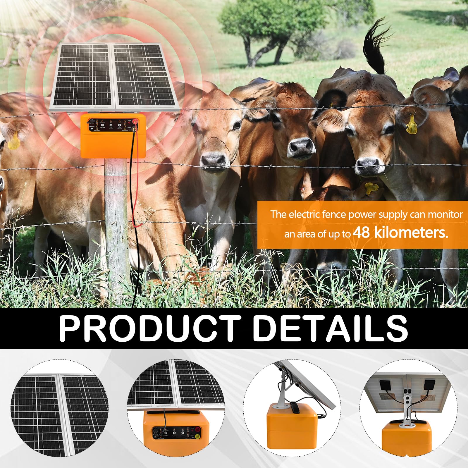Cercas Eléctricas, Solar Para Cercas Eléctricas 12V 6Kv–8Kv 0,3J–1,5J Con Selección Manual Para Cercas Avícolas Energizador Para Cercas Eléctricas 48Km Panel Solar 15W Batería Plomo-ácido 12V 7000Mah