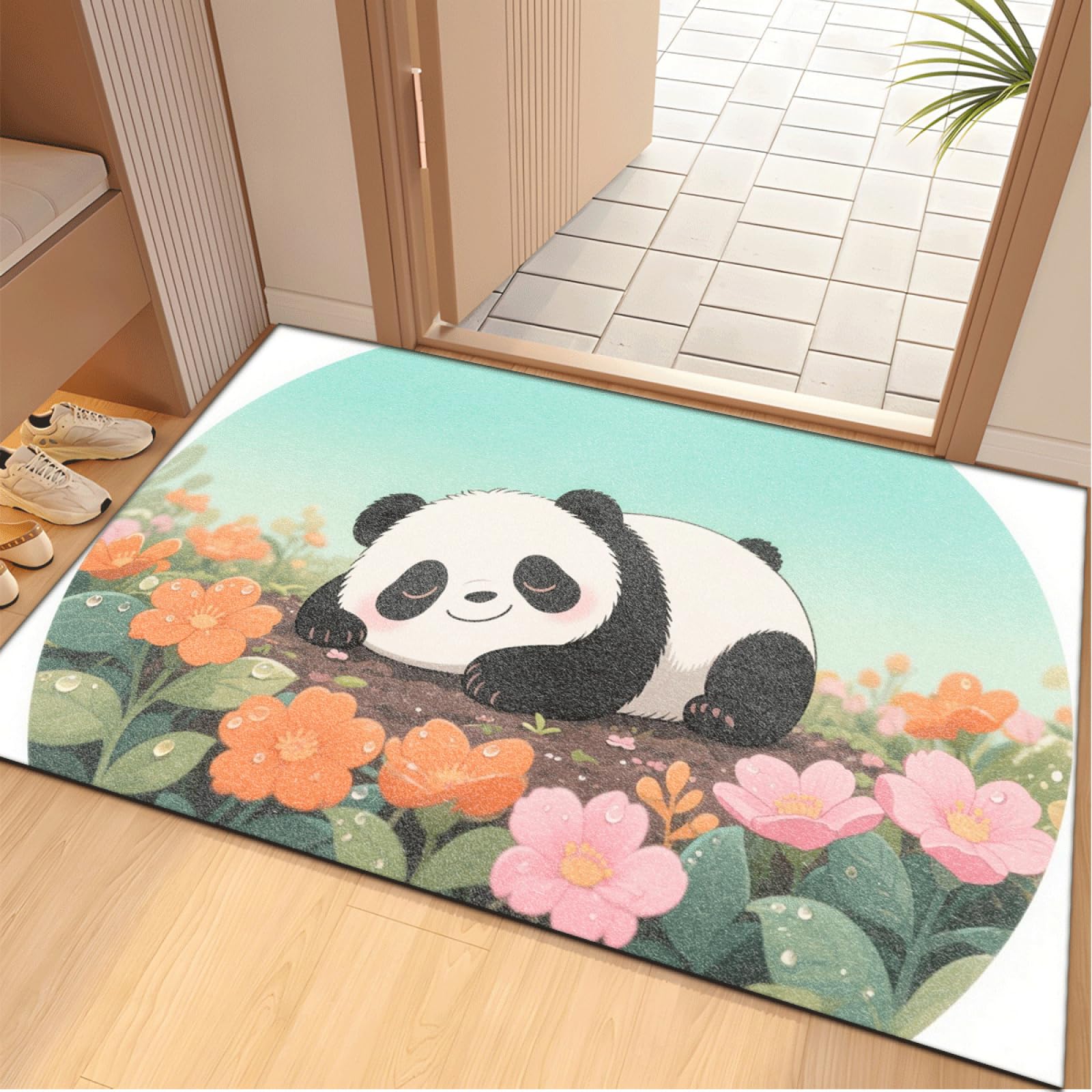 Paillasson Exterieur Entree Fleur De Panda Vert Tapis Entree Interieur Facile à Nettoyer Paillasson Interieur Antidérapant Lavable en Machine pour Chambre Cuisine Couloir 80x120 cm