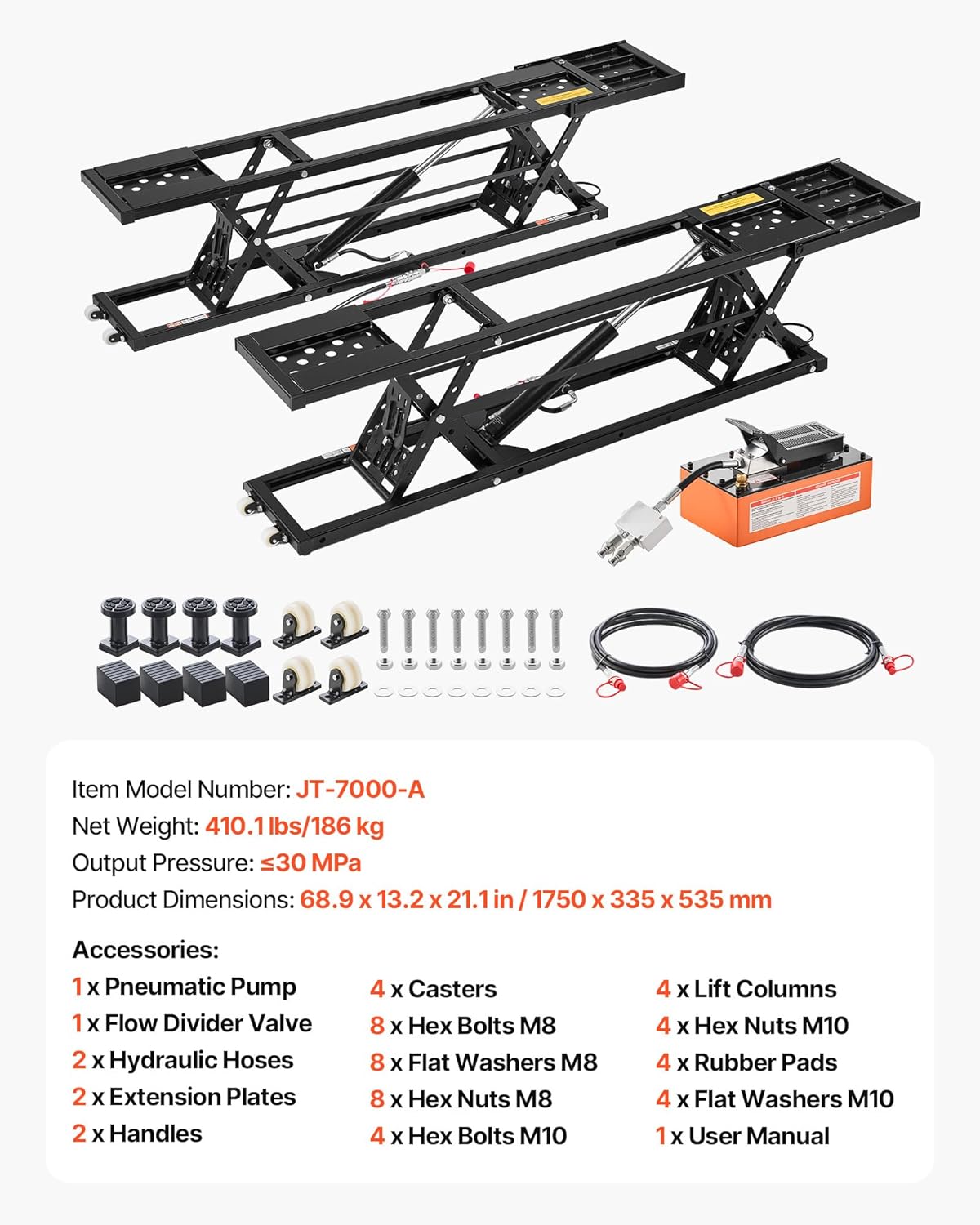 VEVOR Portable Car Lift, 7000 lbs Capacity, Heavy Duty Steel Truck Lift with 26.8" Max Height, Pneumatic Pump, Wheels, 4 Rubber Pads & 4 Lifting Columns for Cars, SUVs, Trucks, Home Garage or Shop Use