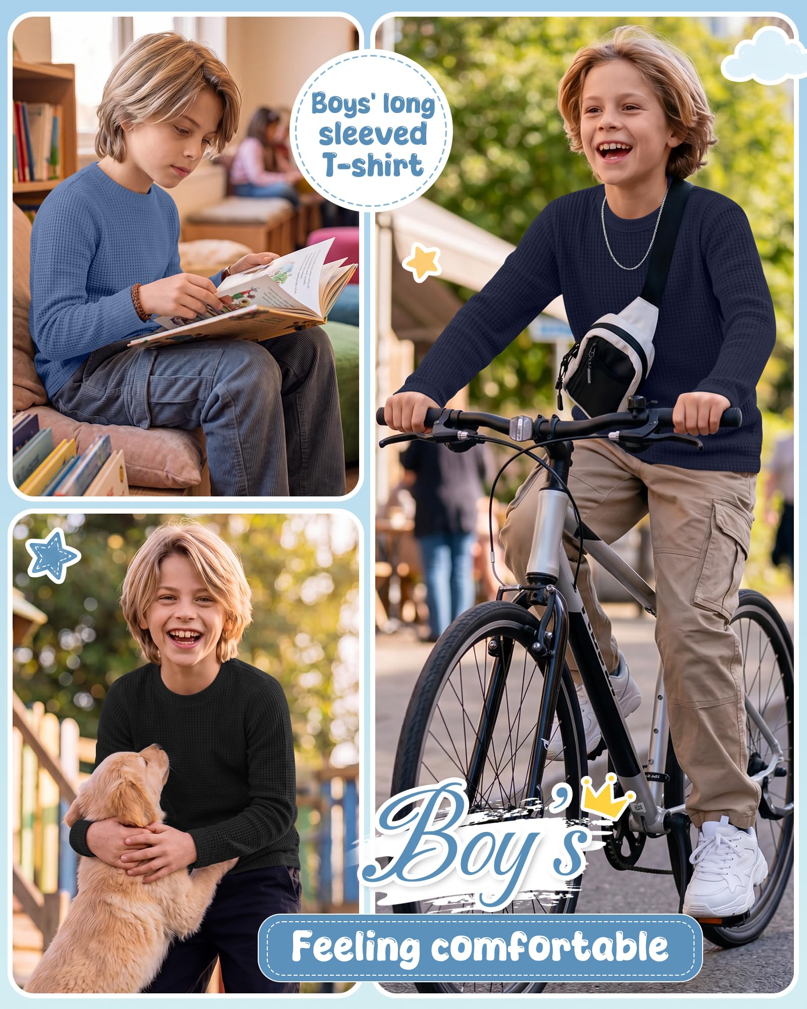 Clabby 3er-Pack Waffel-Langarm-T-Shirts für Jungen (5-14 Jahre), Kinder-Thermo-Tops, Jugend-Shirts, Basic-T-Shirts